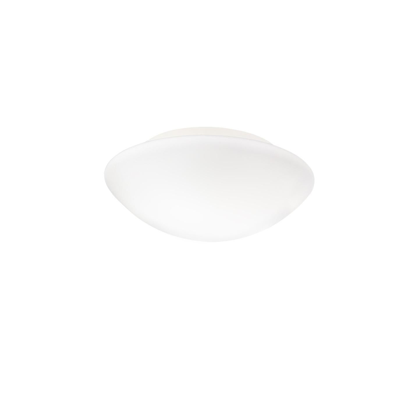 Decorative flushmount series offering a complete range of sizes and lamp options. Diffuser made with triplex blown glass for excellent light diffusion. Body is painted white with matt opal white glass and hidden screws. Wall or ceiling mount to a