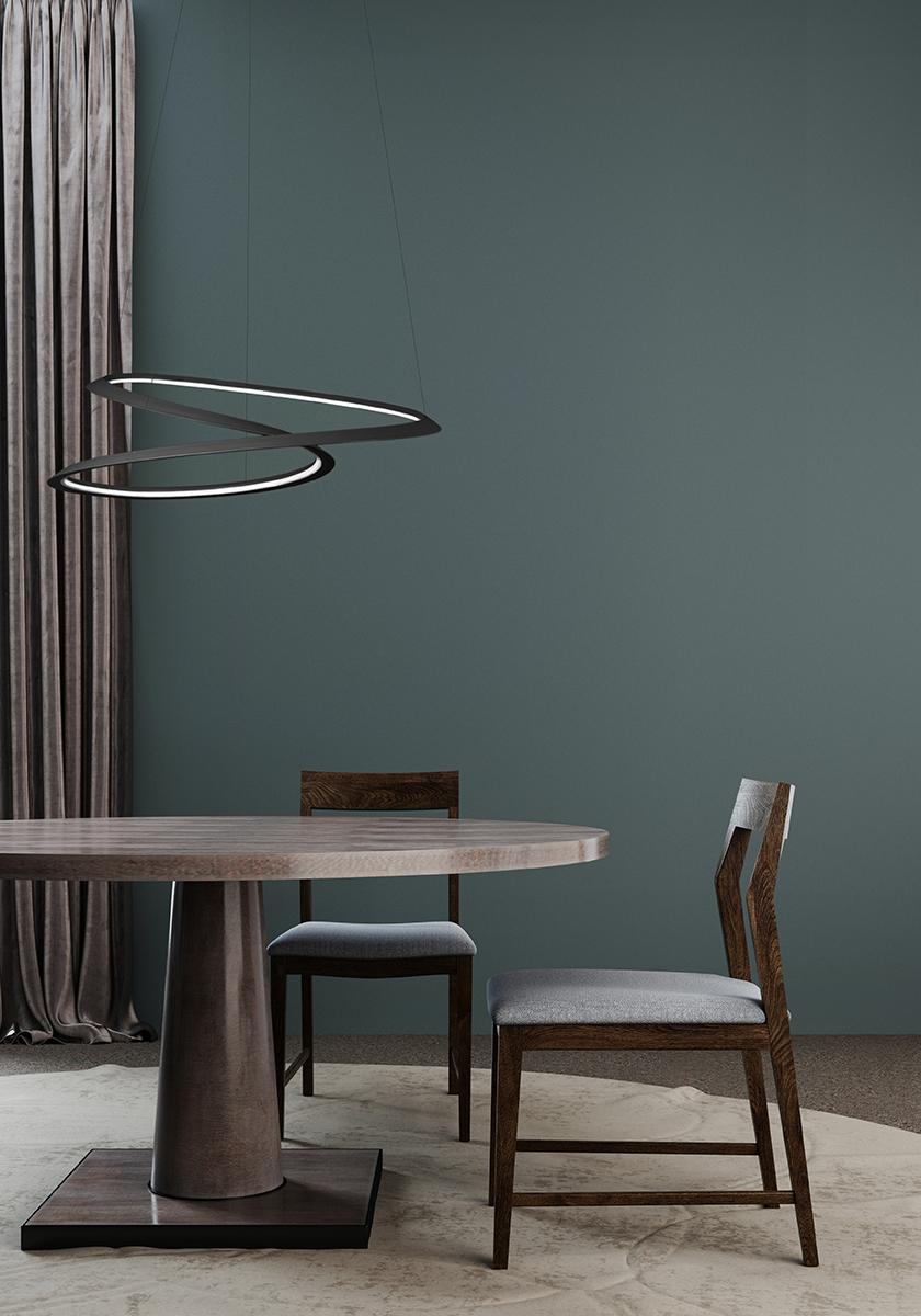 Petite version de la lampe Kepler, uniquement avec un éclairage vers le bas. Suspension en aluminium extrudé peint par poudrage. Les versions disponibles sont le blanc, le noir et la nouvelle finition dorée. La ligne continue est réalisée grâce à un