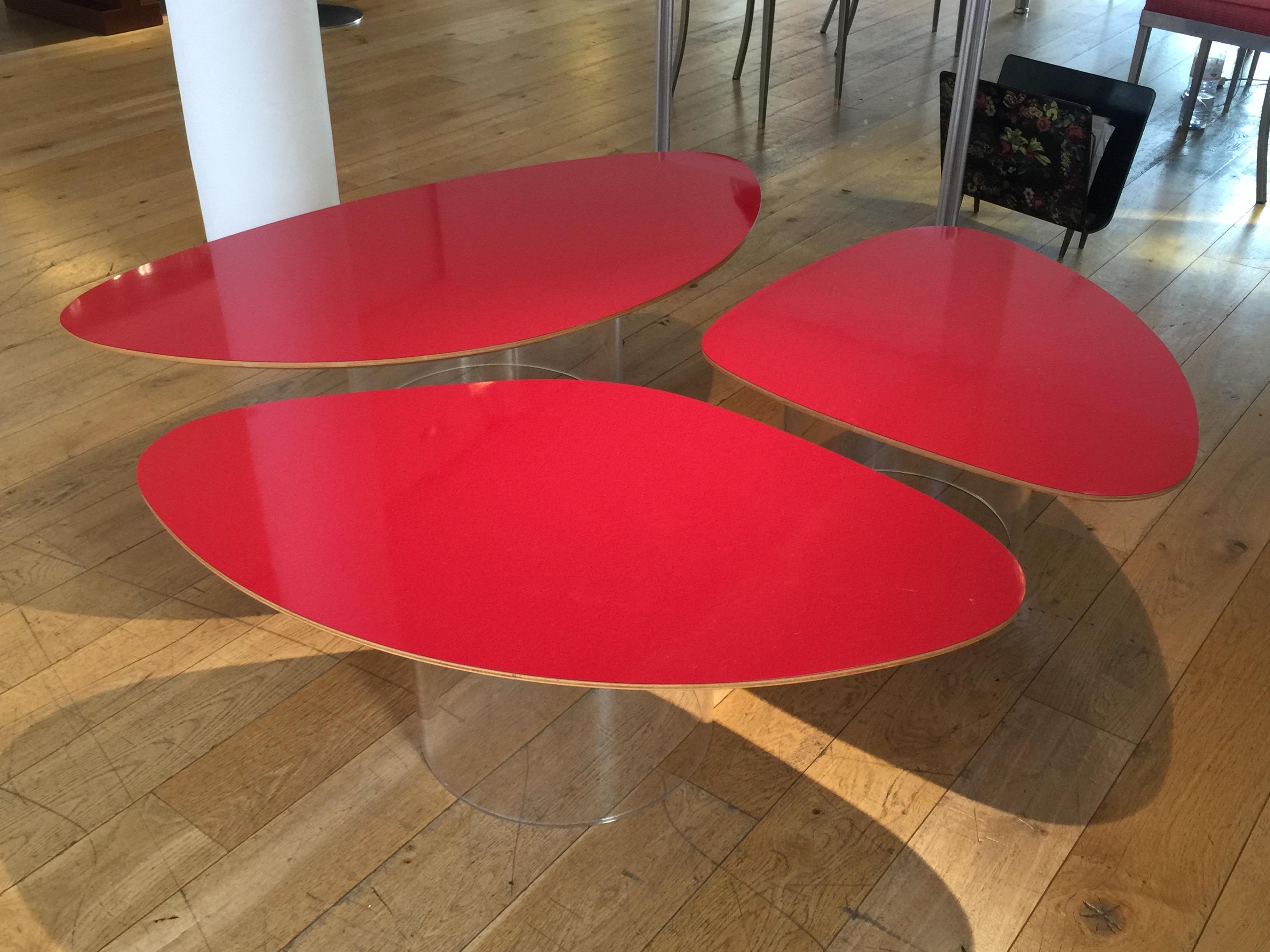3 elements in different sizes in deep red laminate on beech plywood, each on transparent perspex drum base. The prototype was designed by Janette Laverrière in 1966, and was produced in 2004 by Perimeter Editions in a limited edition of 25 examples.