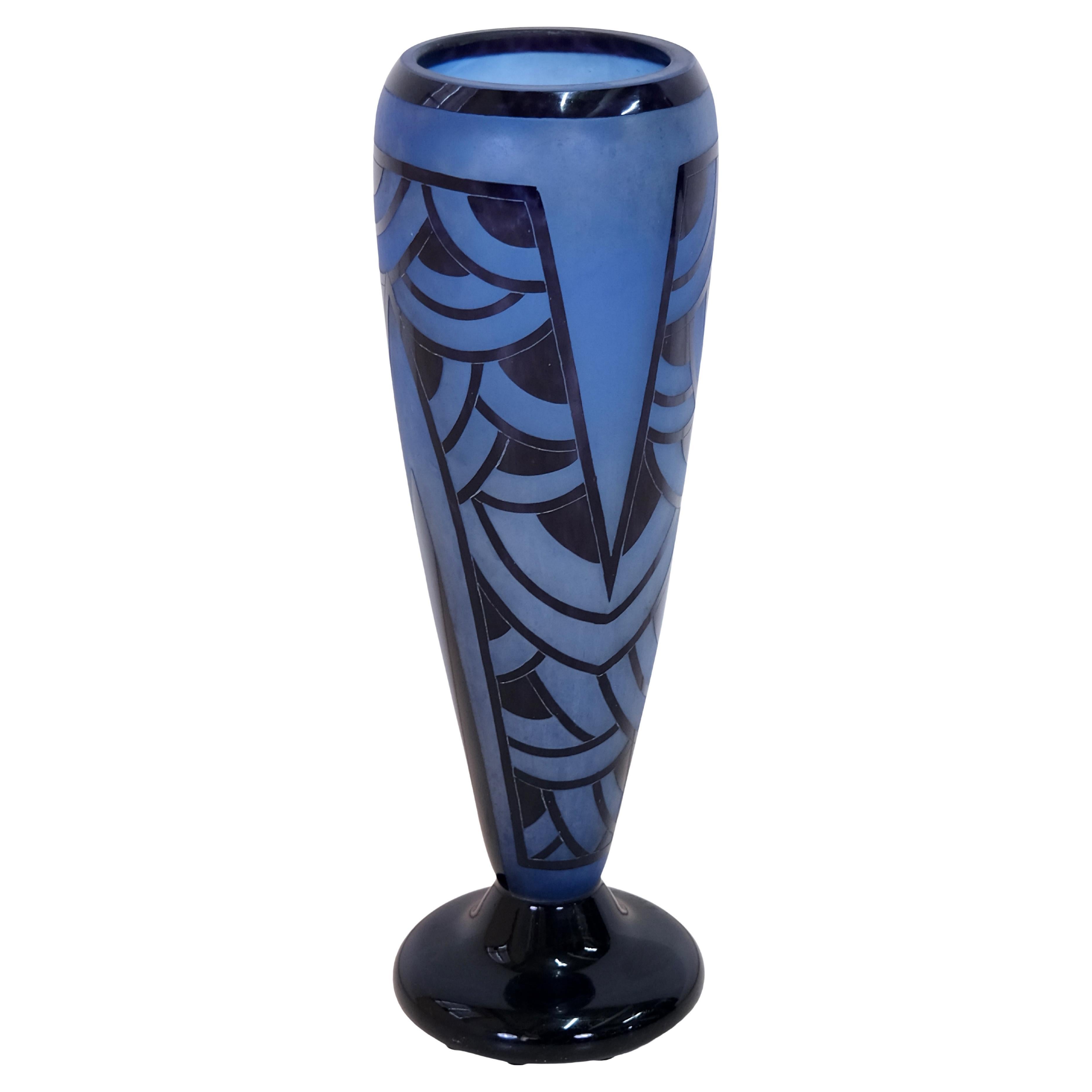 Nénuphars Big Blue Vase with Art Deco Pattern by Schneider for Le Verre Français