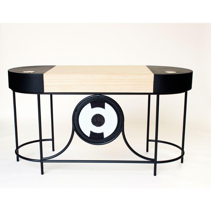 Nenzima console by TheUrbanative
Dimensions: W 150 x D 65 x H 80 cm
Material: Powdercoated steel frame top with solid Ash, Timber inserts & a handwoven telephone wire disc detail.

Also available: Queen nenzima Server-Terrazo & Solid