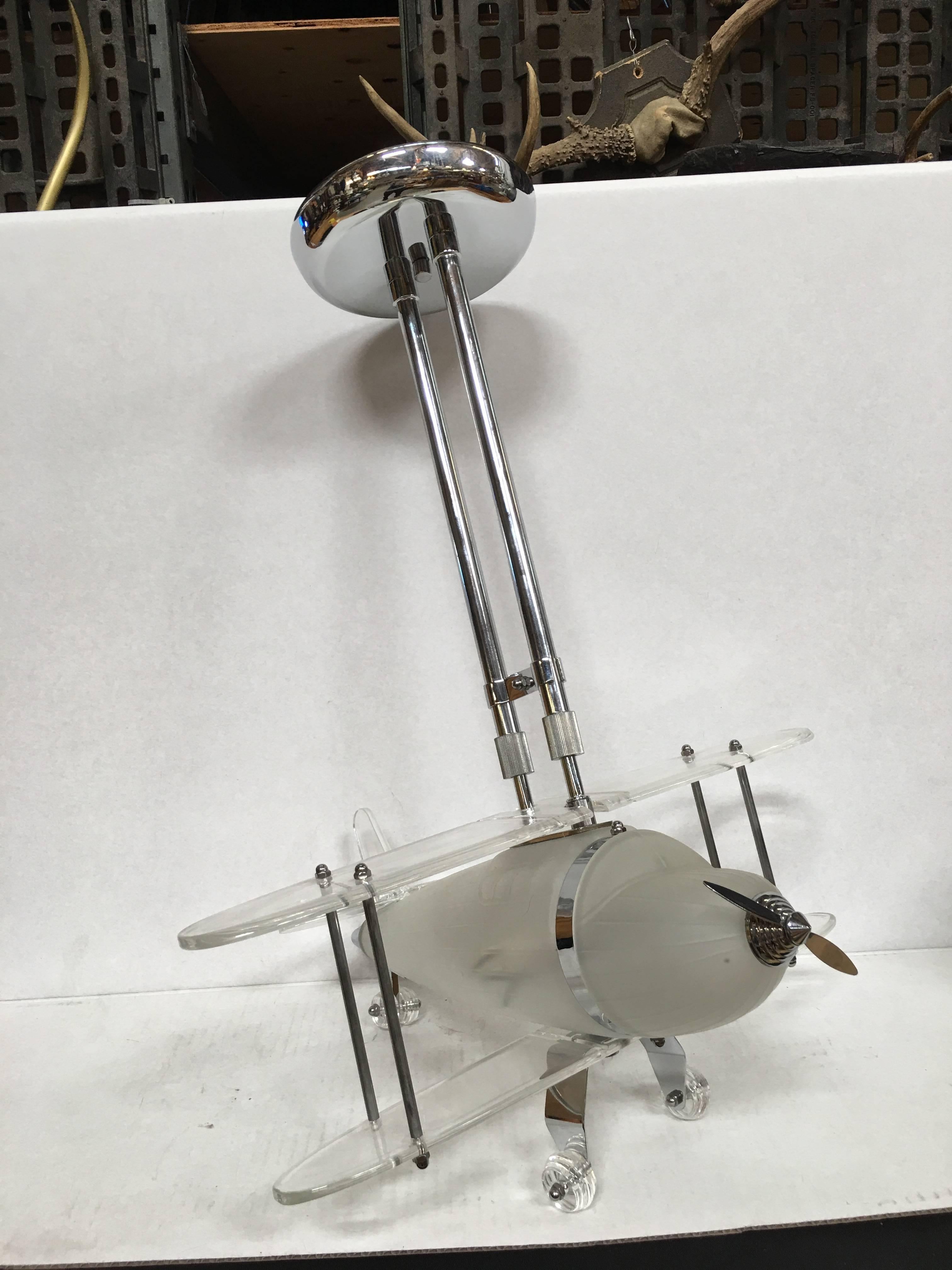 Neo Art Deco Chrome and Acrylic Biplane Ceiling Lamp In Excellent Condition In Van Nuys, CA