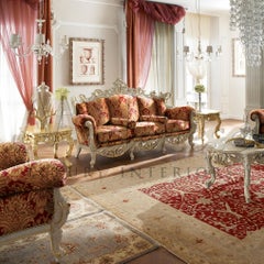 Neo-Baroque Sofa with Massive Wood, Ivory Craquelè Lacquered and Gold Leaf Art