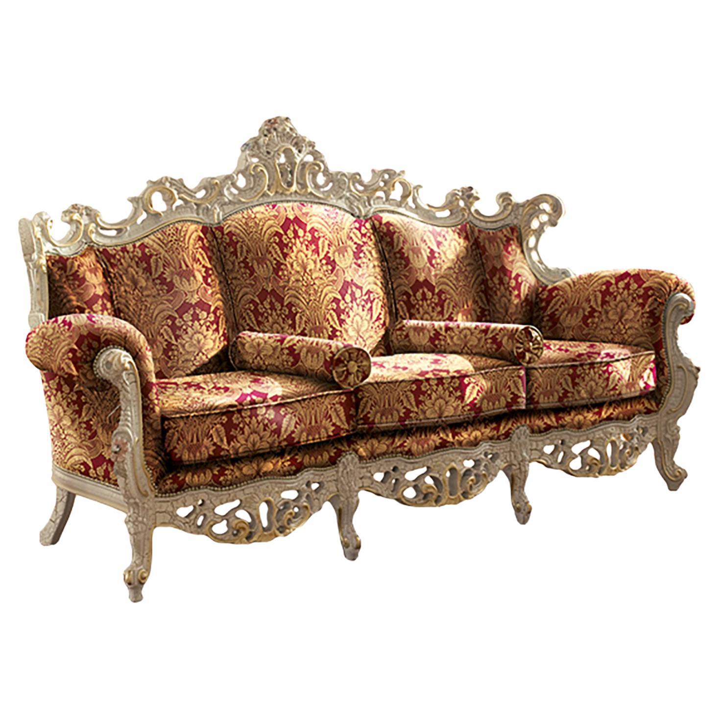 Neo-Baroque Sofa with Massive Wood, Ivory Craquelè Lacquered and Gold Leaf Art For Sale