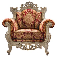 Neo-Baroque Throne in White Finish and Upholstered Fabric
