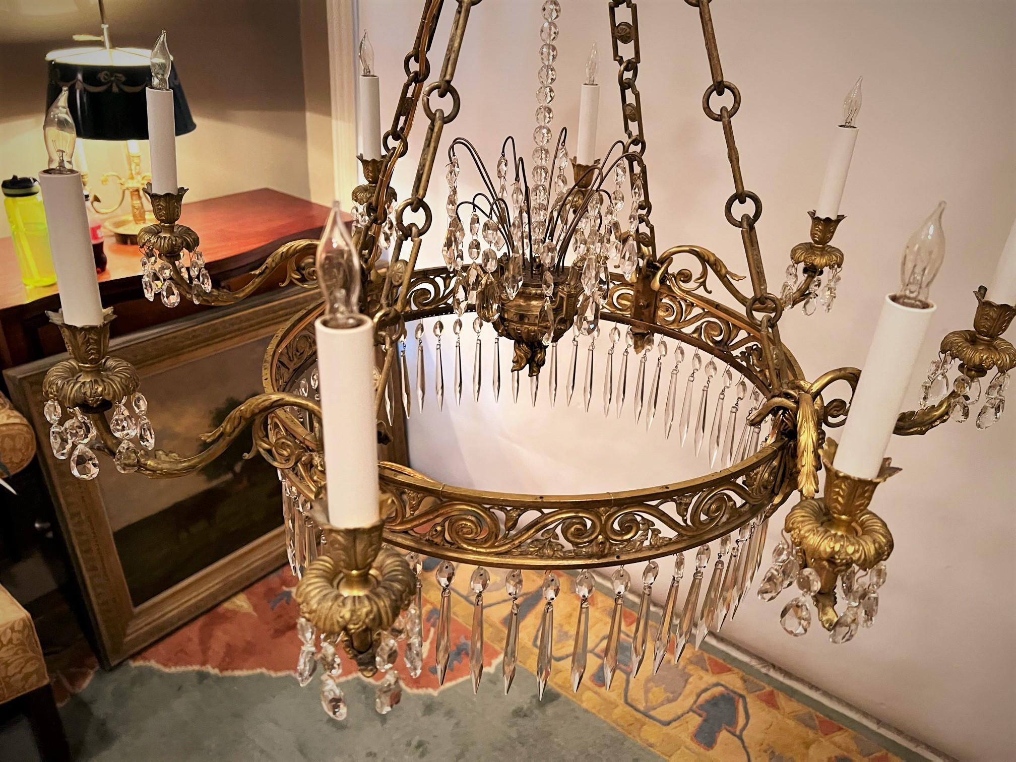 Neo-Classic 8-Light Gilt Bronze & Crystal Chandelier, France, Circa:1830 In Good Condition For Sale In Alexandria, VA