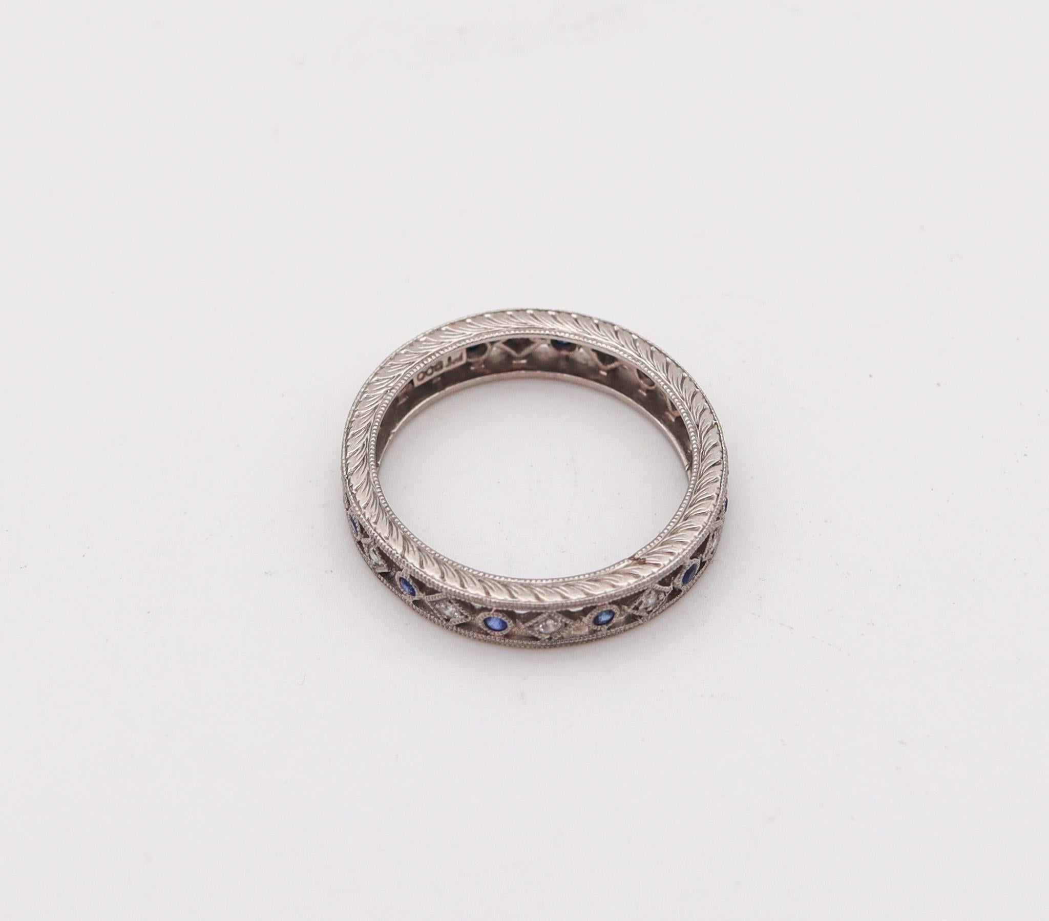Edwardian Neo Classic Eternity Ring in Platinum with Diamonds and Blue Sapphires For Sale