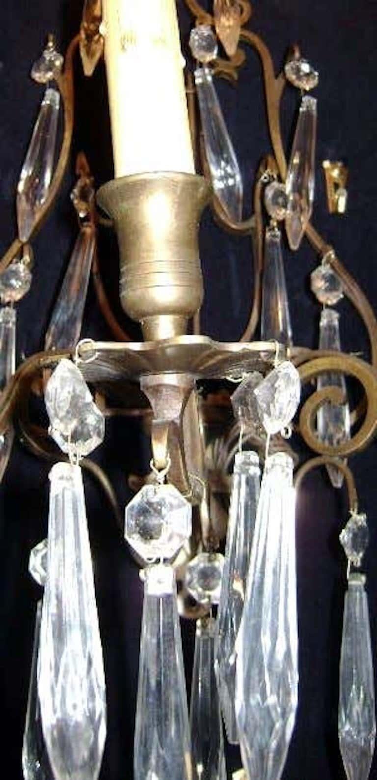 Patinated Swedish Gilt Bronze and Crystal Sconces For Sale