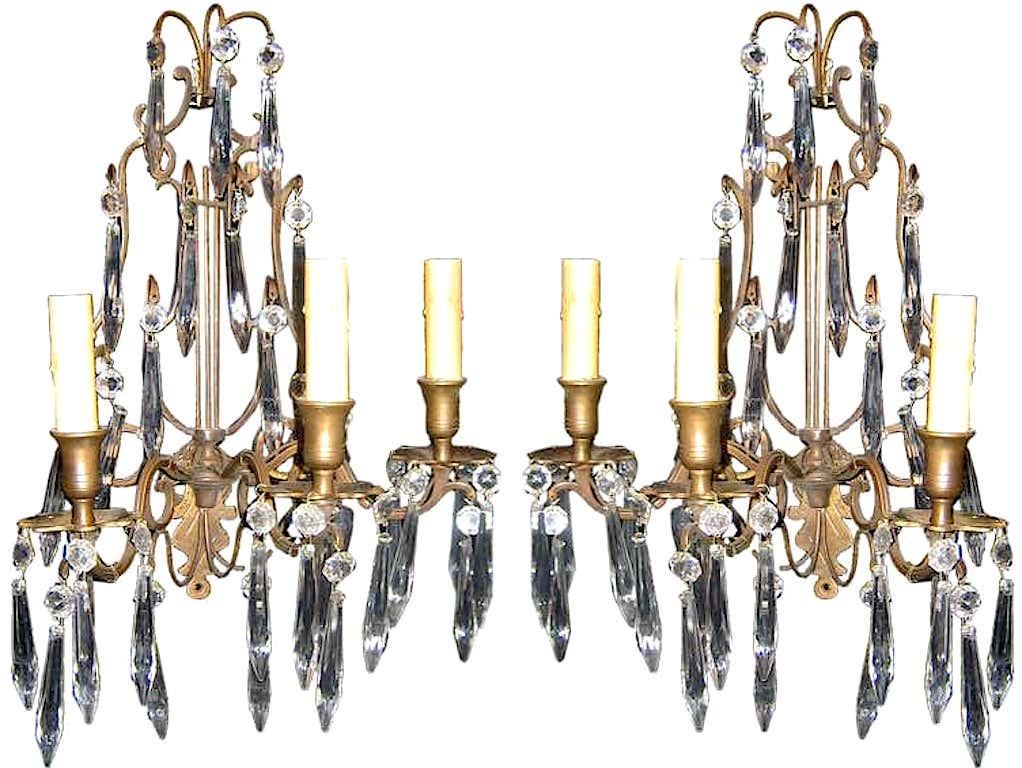 Swedish Gilt Bronze and Crystal Sconces In Good Condition For Sale In New York, NY