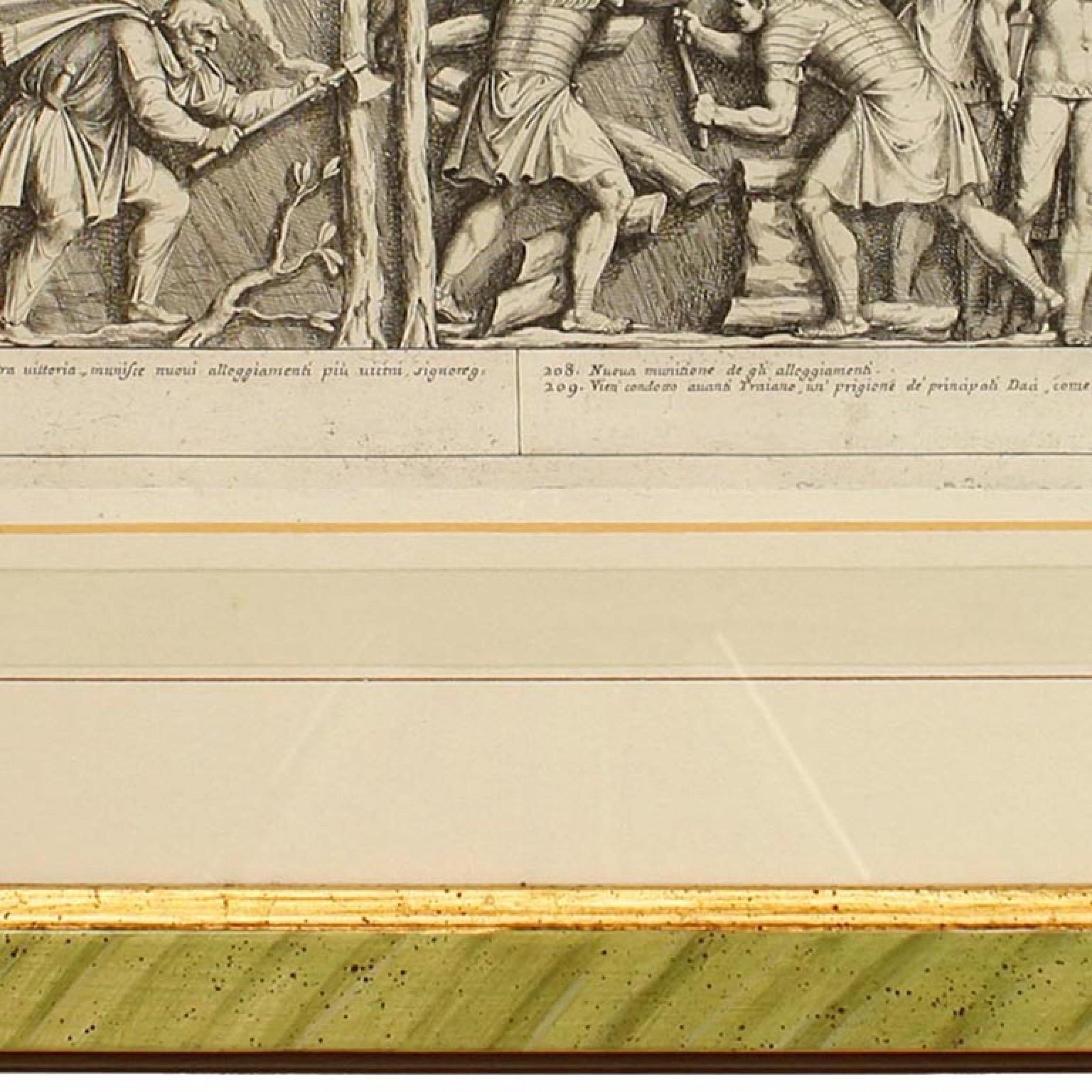 Grabados de estilo neoclásico italiano de varias escenas históricas de la antigua Roma, enmarcados en un marco pintado de verde y ribete dorado (parte de un conjunto de 15; piezas asociadas: 040102A-O)