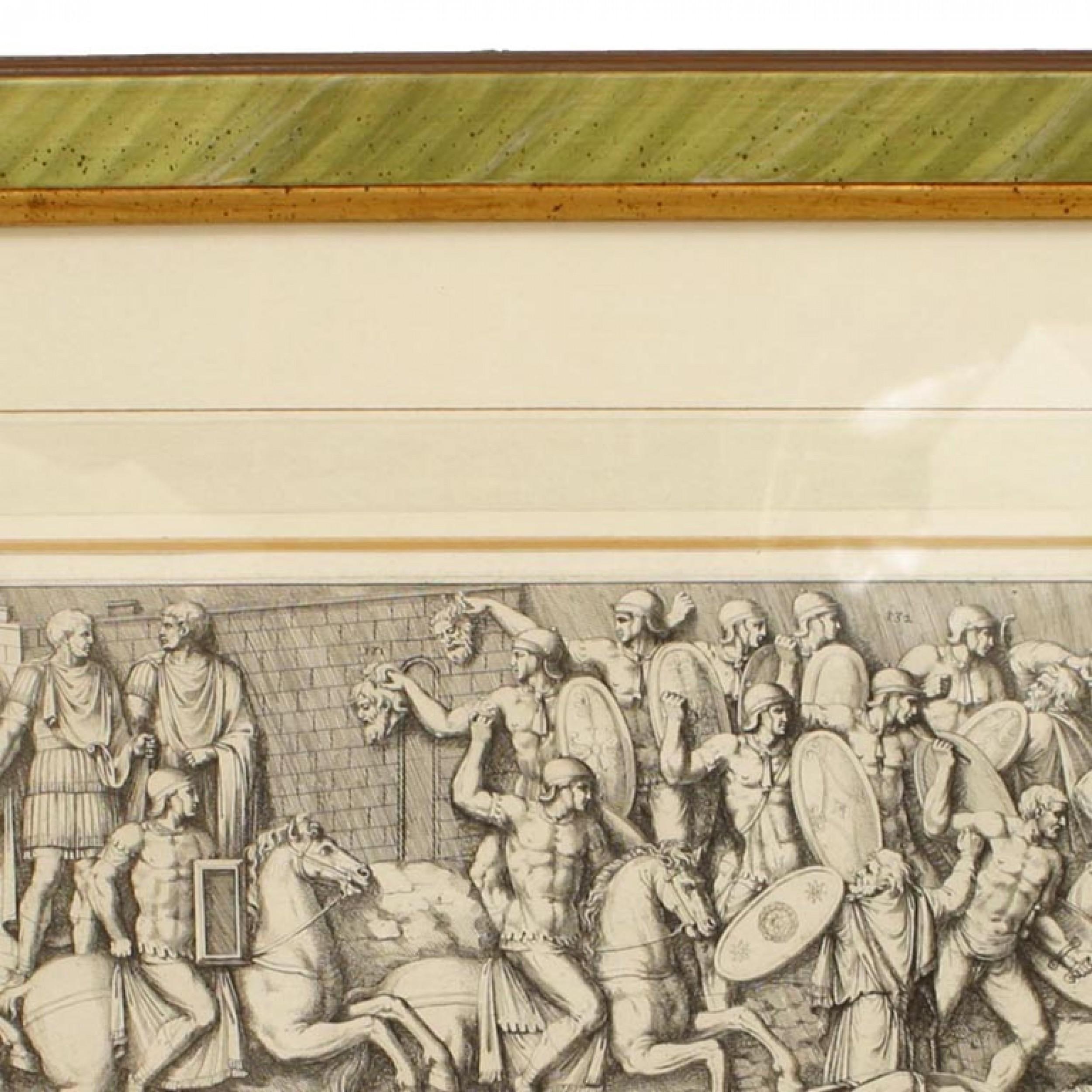 Gravures italiennes de style néoclassique représentant diverses scènes historiques de l'Antiquité romaine, montées sur passe-partout dans un cadre peint en vert et orné d'une bordure dorée (partie d'un ensemble de 15 ; pièces associées : 040102A-O)