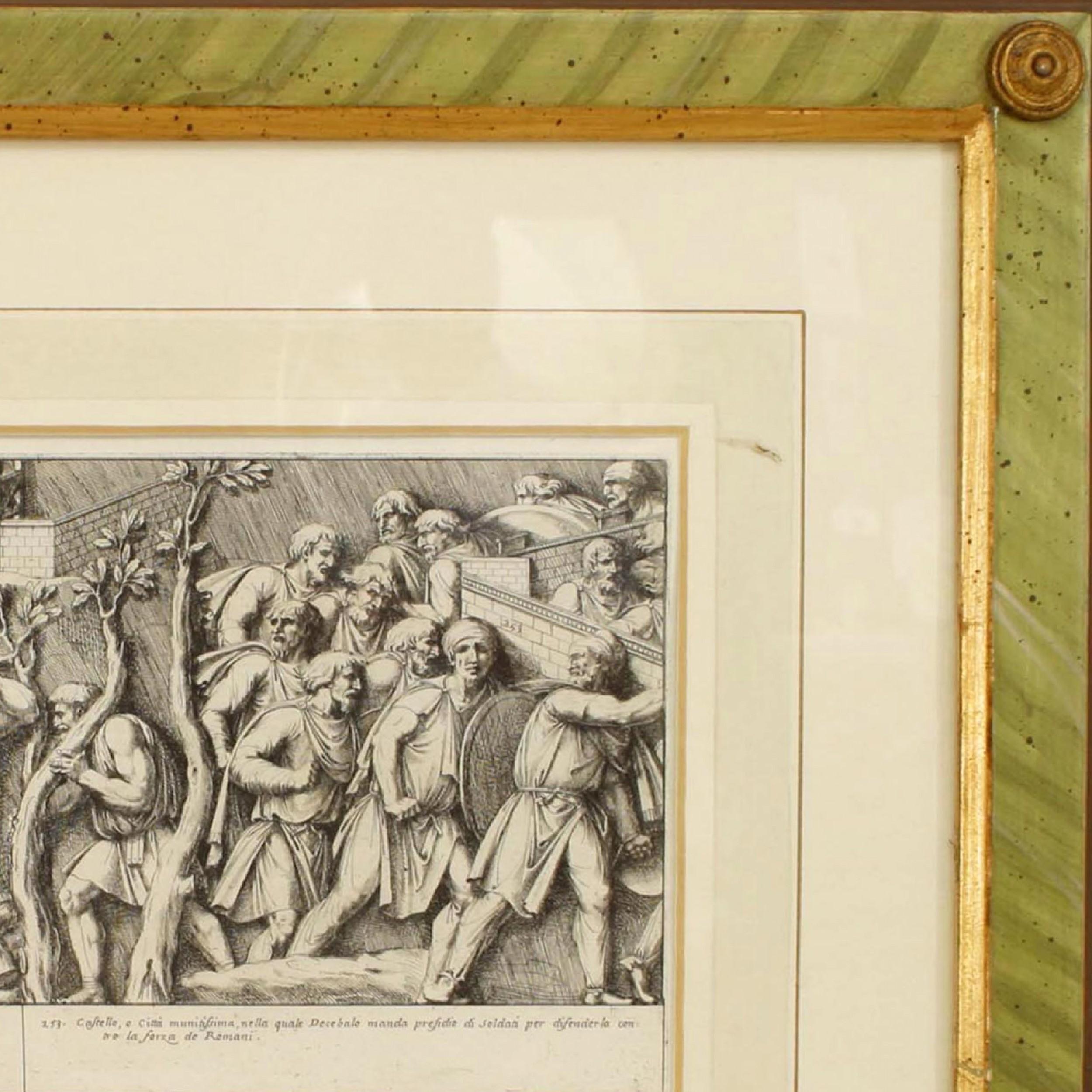 Stampe italiane in stile neoclassico di varie scene storiche dell'antichità romana, inserite in una cornice dipinta di verde e con finiture dorate (parte di un set di 15 pezzi; pezzi associati: 040102A-O)
