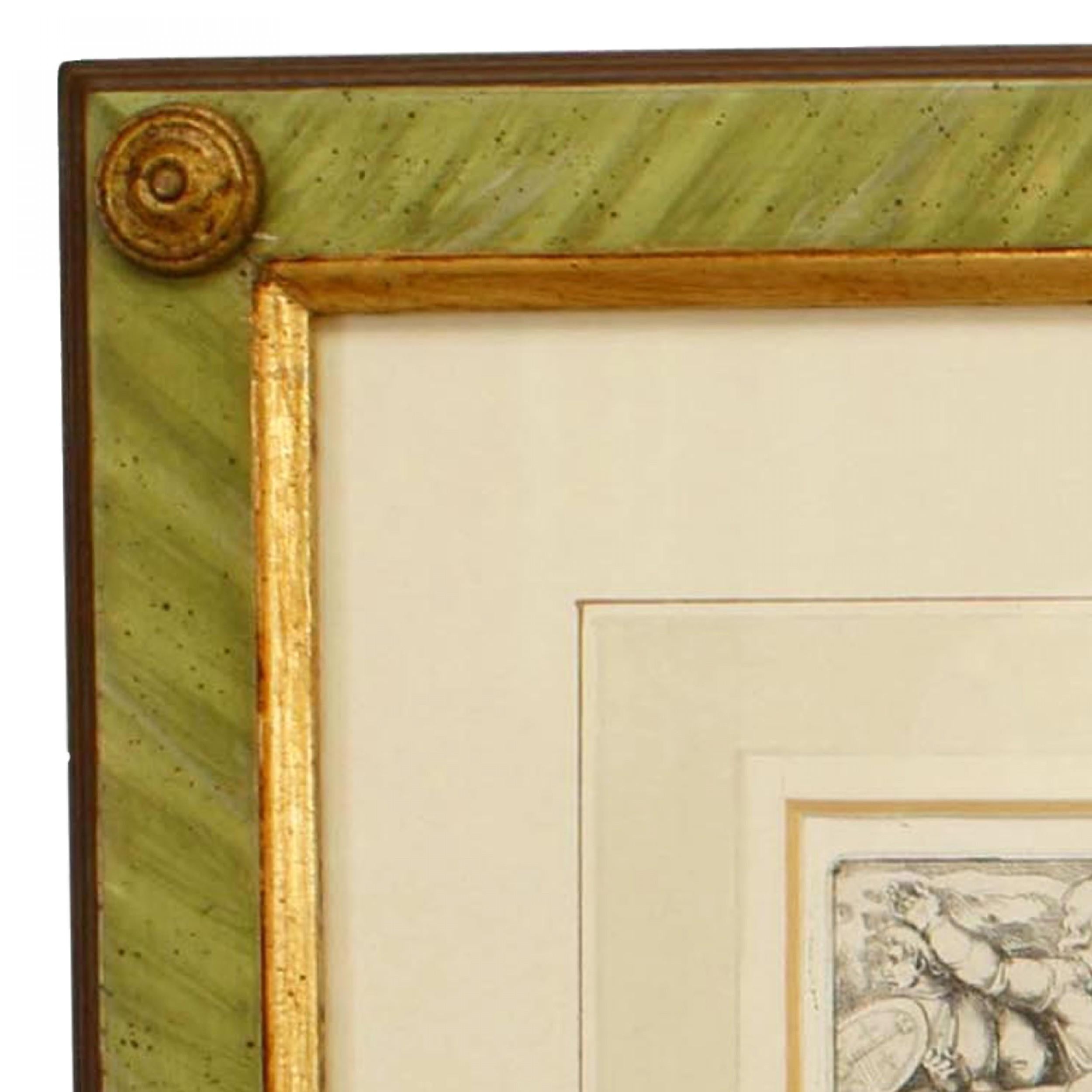 Italian Neo-classic style prints of various ancient Roman historical scenes matted in a green painted and gold trim frame (part of a set of 15; associated pieces: 040102A-O)