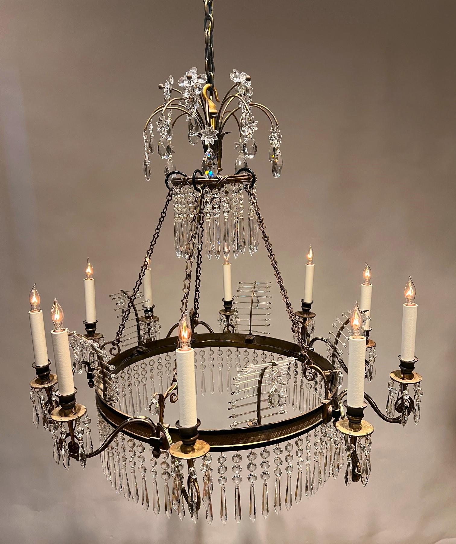 Regency Neo-Classic Style 10-Light Bronze & Crystal Chandelier, Italy, Circa:1920 For Sale
