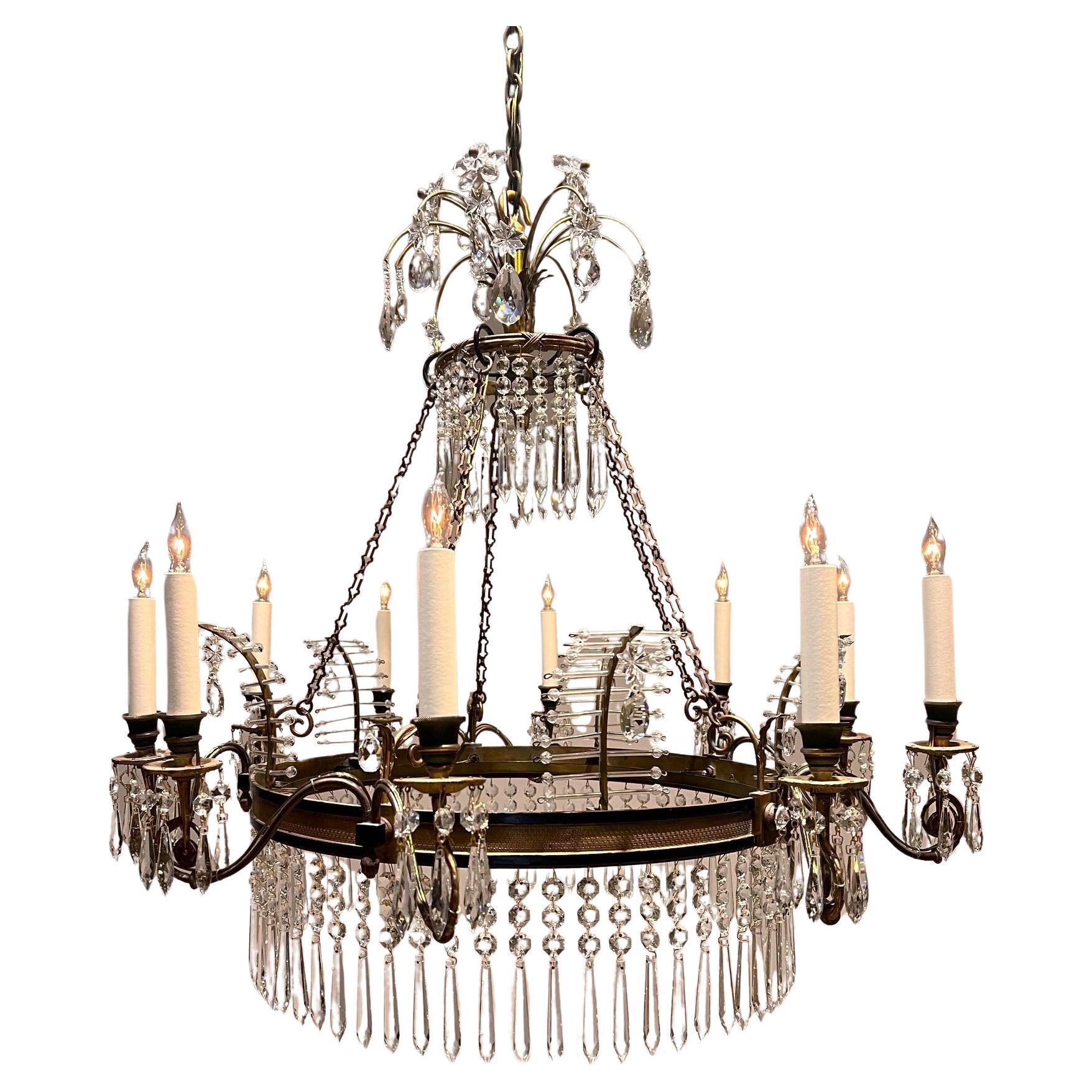 Neo-Classic Style 10-Light Bronze & Crystal Chandelier, Italy, Circa:1920 For Sale