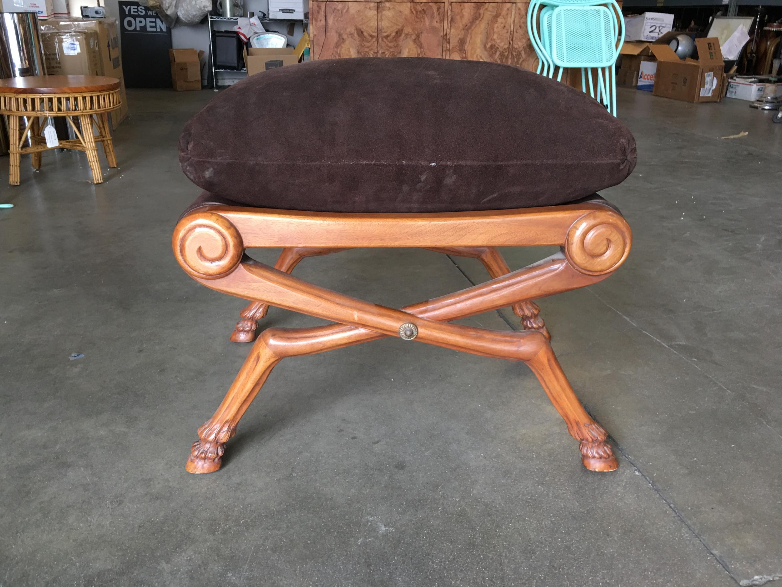 French-inspired neoclassic style walnut stool with brown velvet top.