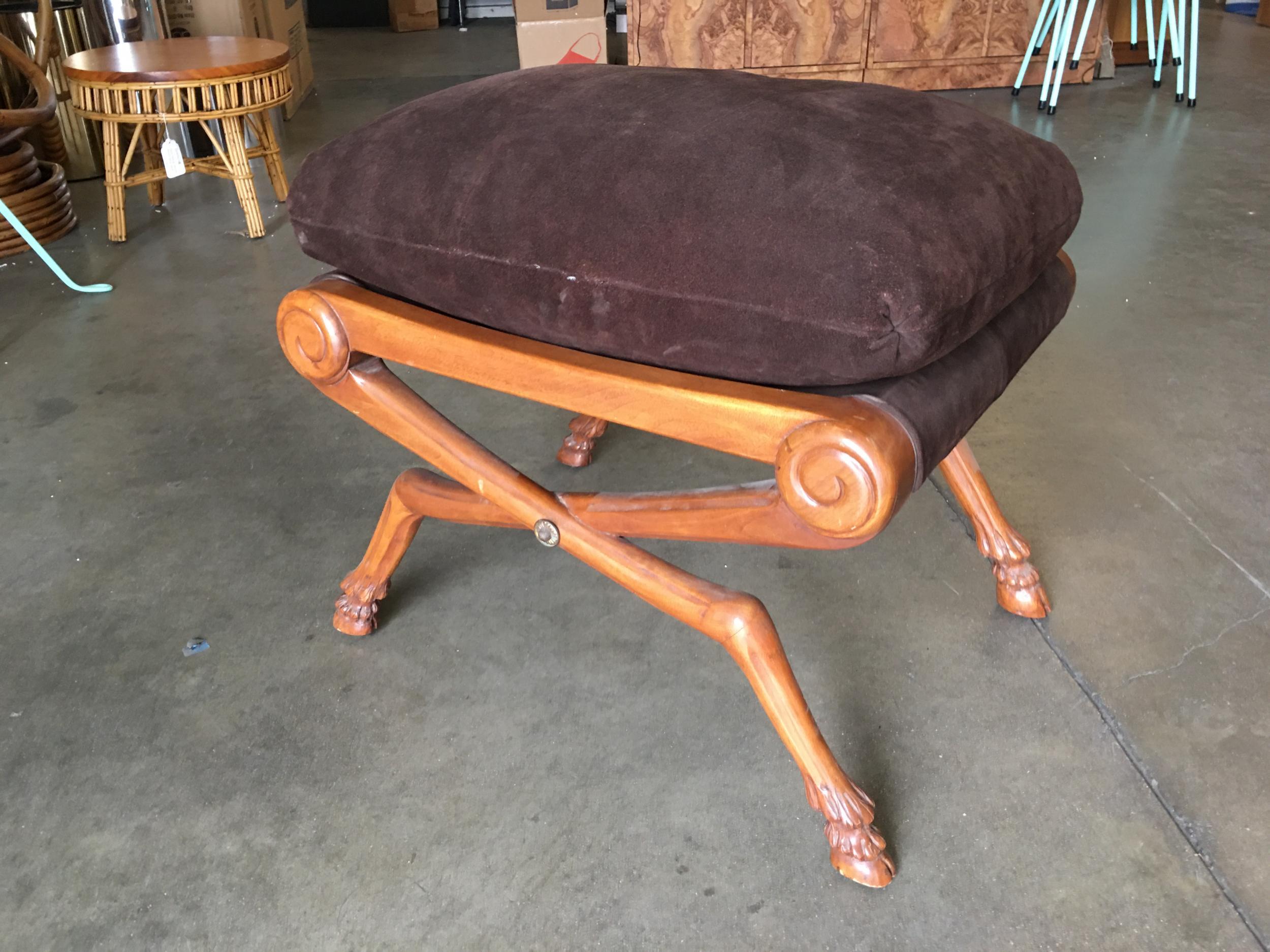 Neoclassical Neoclassic Style Walnut Stool with Brown Velvet Top For Sale