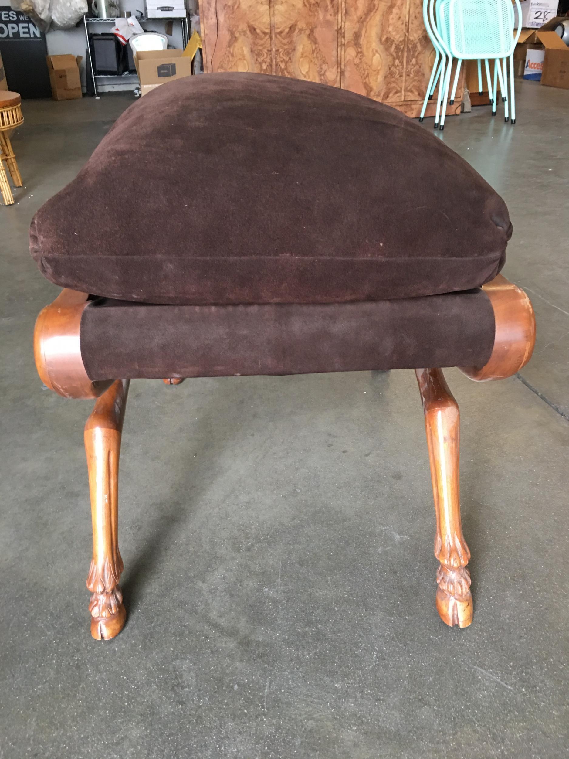 American Neoclassic Style Walnut Stool with Brown Velvet Top For Sale