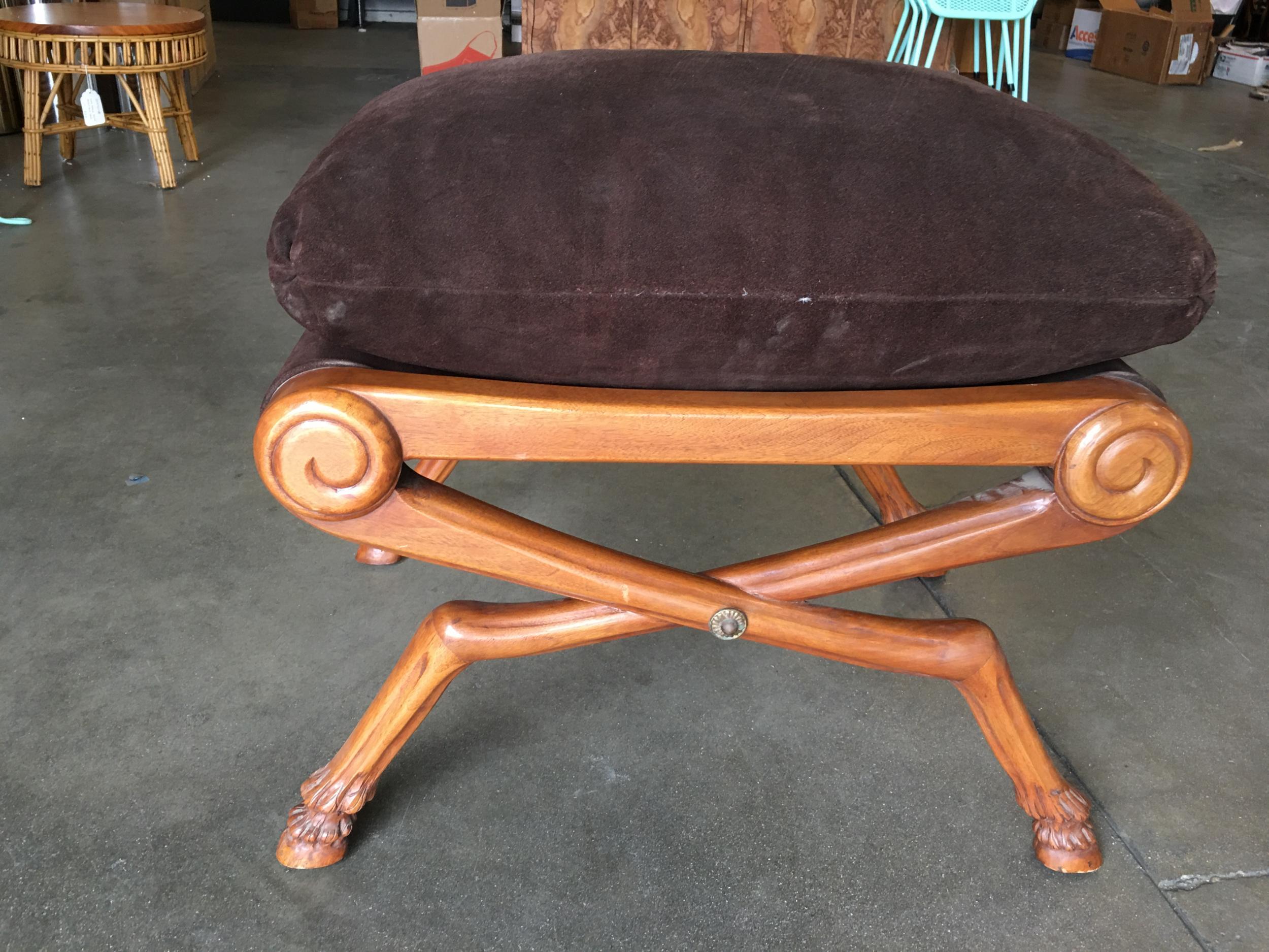 Late 20th Century Neoclassic Style Walnut Stool with Brown Velvet Top For Sale