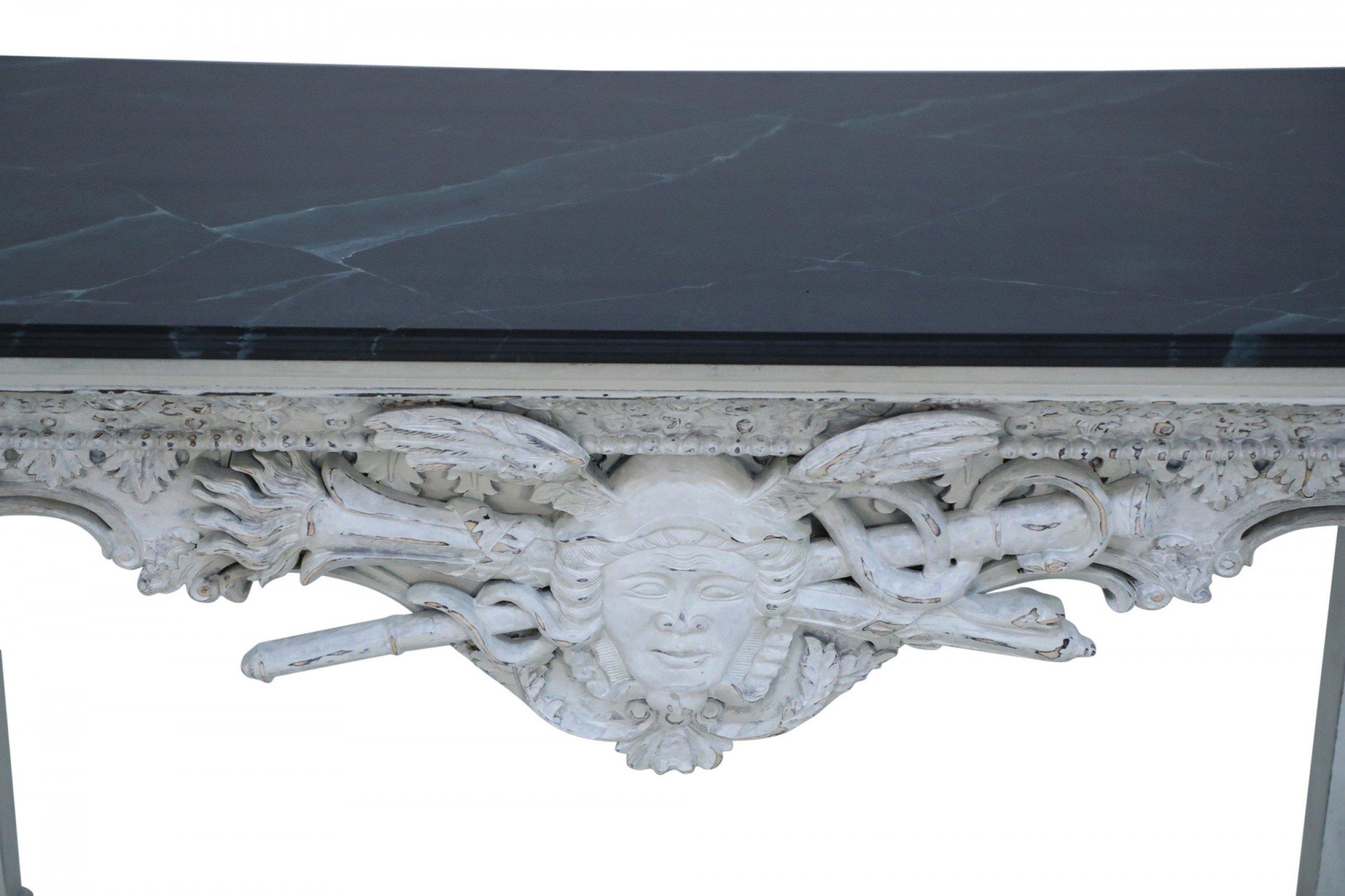 Neo-Classic Style White Distressed Wood and Green Faux Marble Topped Console Tab For Sale 4