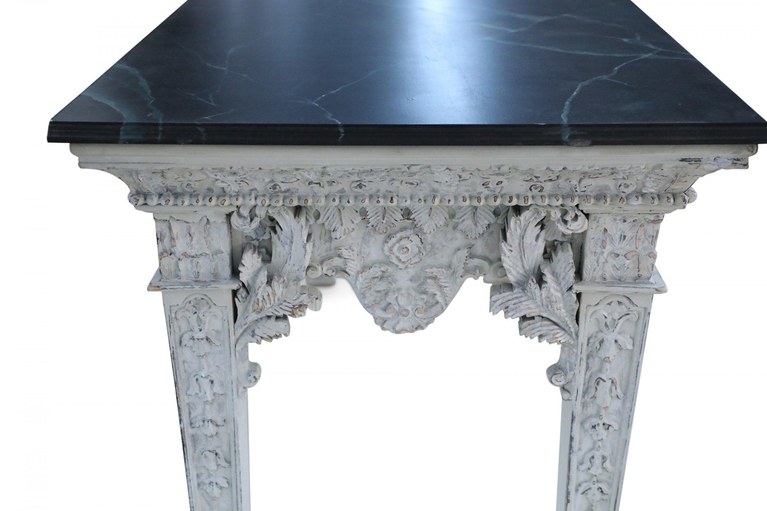Neo-Classic Style White Distressed Wood and Green Faux Marble Topped Console Tab For Sale 6