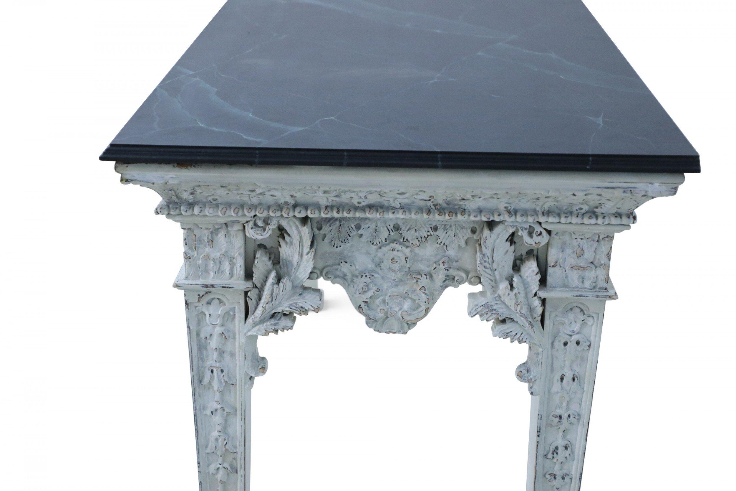 Neo-Classic Style White Distressed Wood and Green Faux Marble Topped Console Tab For Sale 7