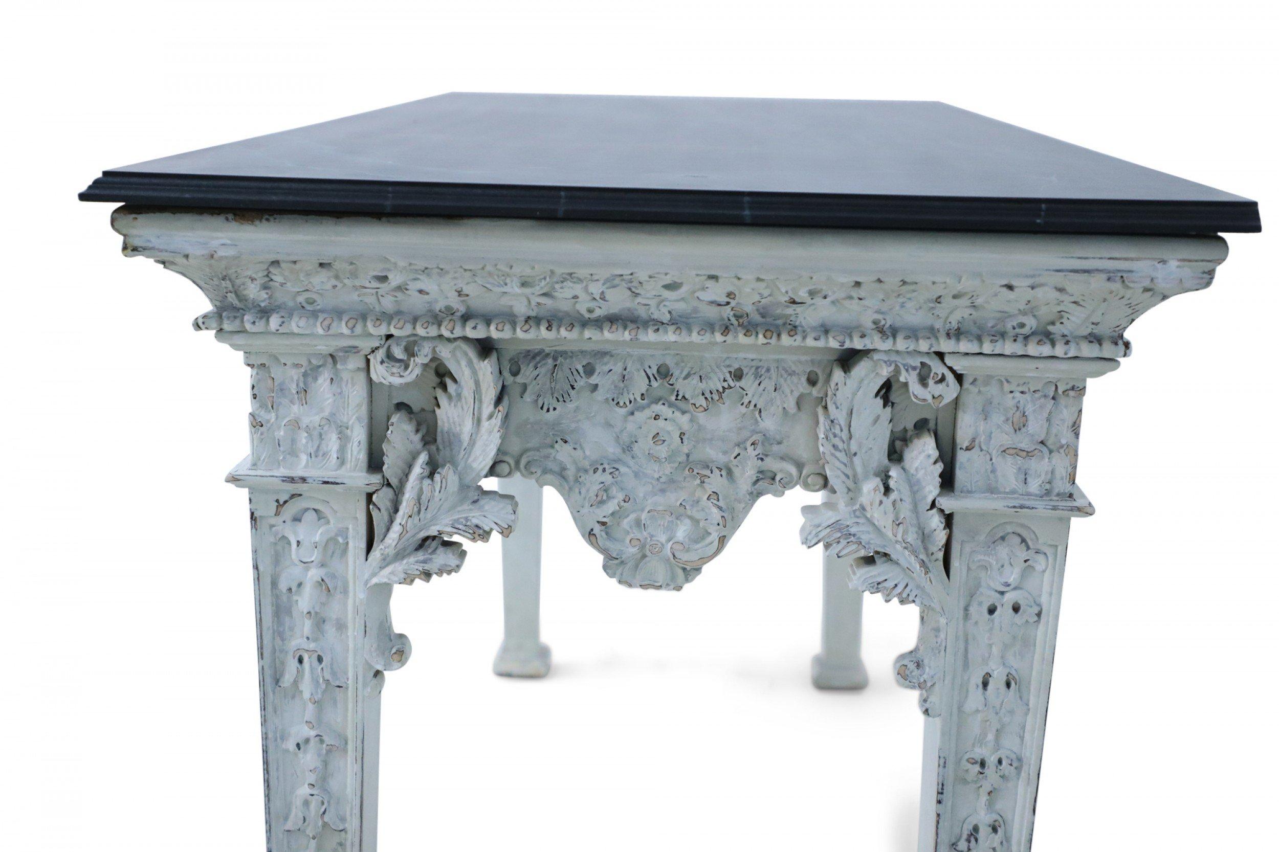 Neo-Classic Style White Distressed Wood and Green Faux Marble Topped Console Tab For Sale 8