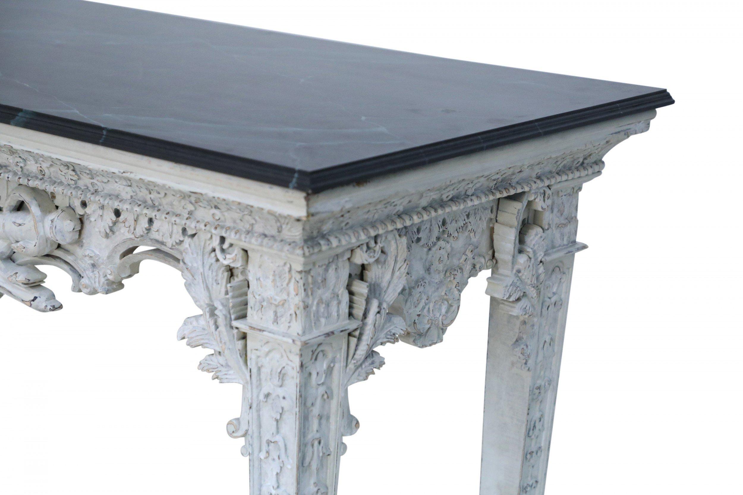 Neo-Classic Style White Distressed Wood and Green Faux Marble Topped Console Tab For Sale 9