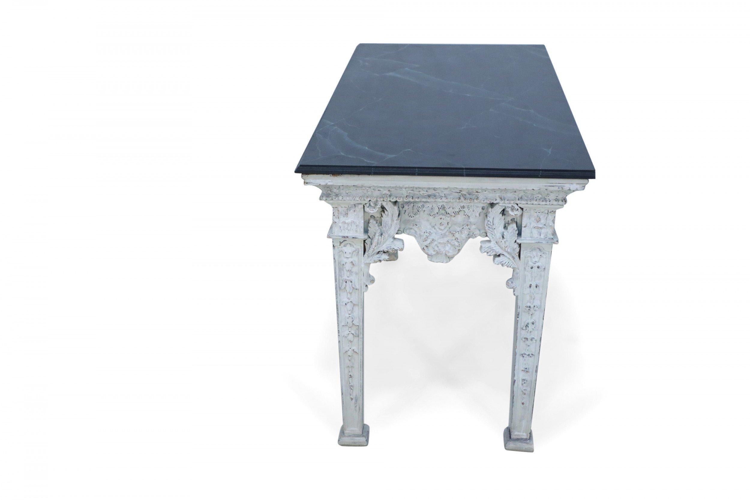 Neoclassical Neo-Classic Style White Distressed Wood and Green Faux Marble Topped Console Tab For Sale