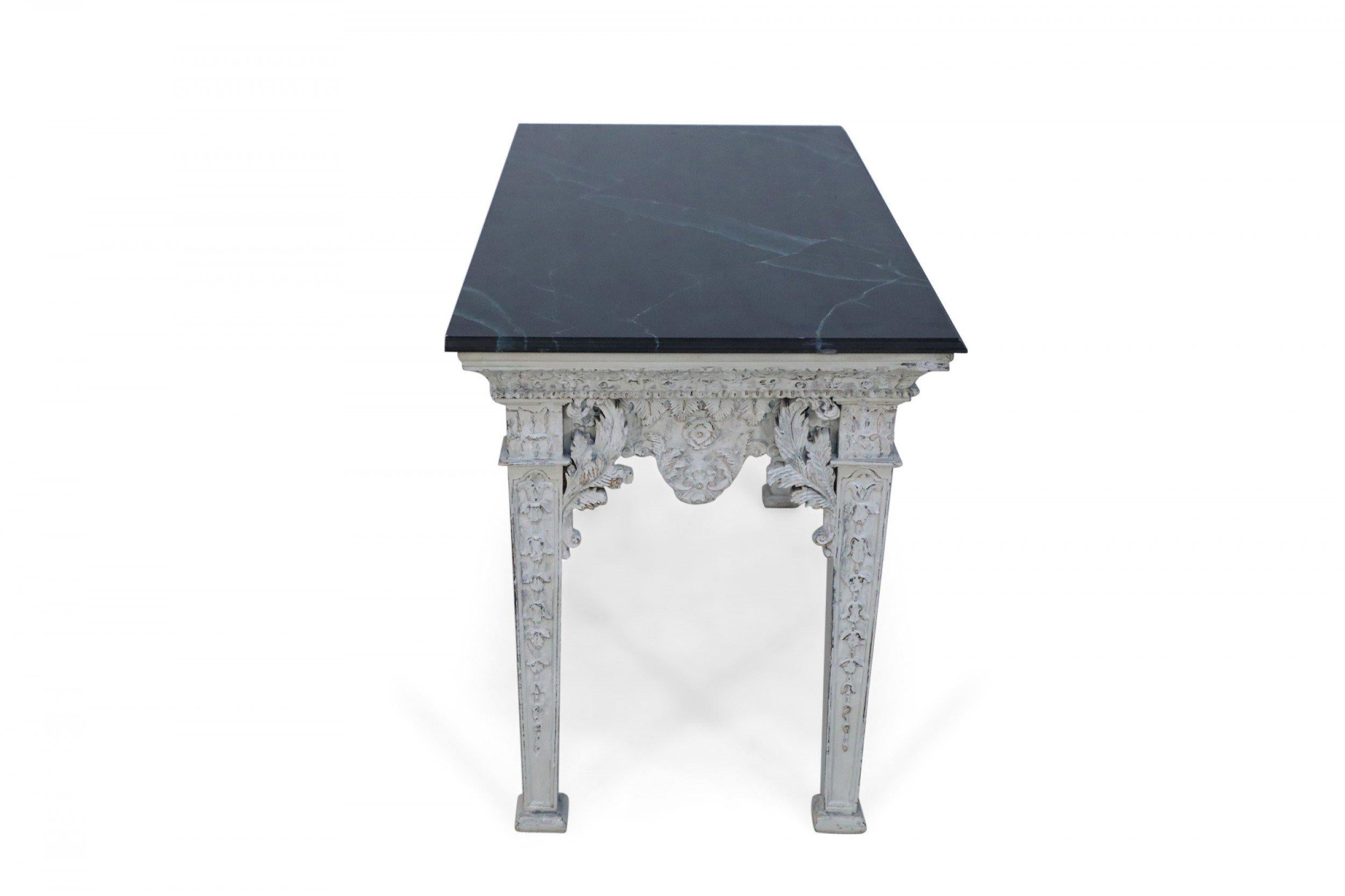Neo-Classic Style White Distressed Wood and Green Faux Marble Topped Console Tab For Sale 1