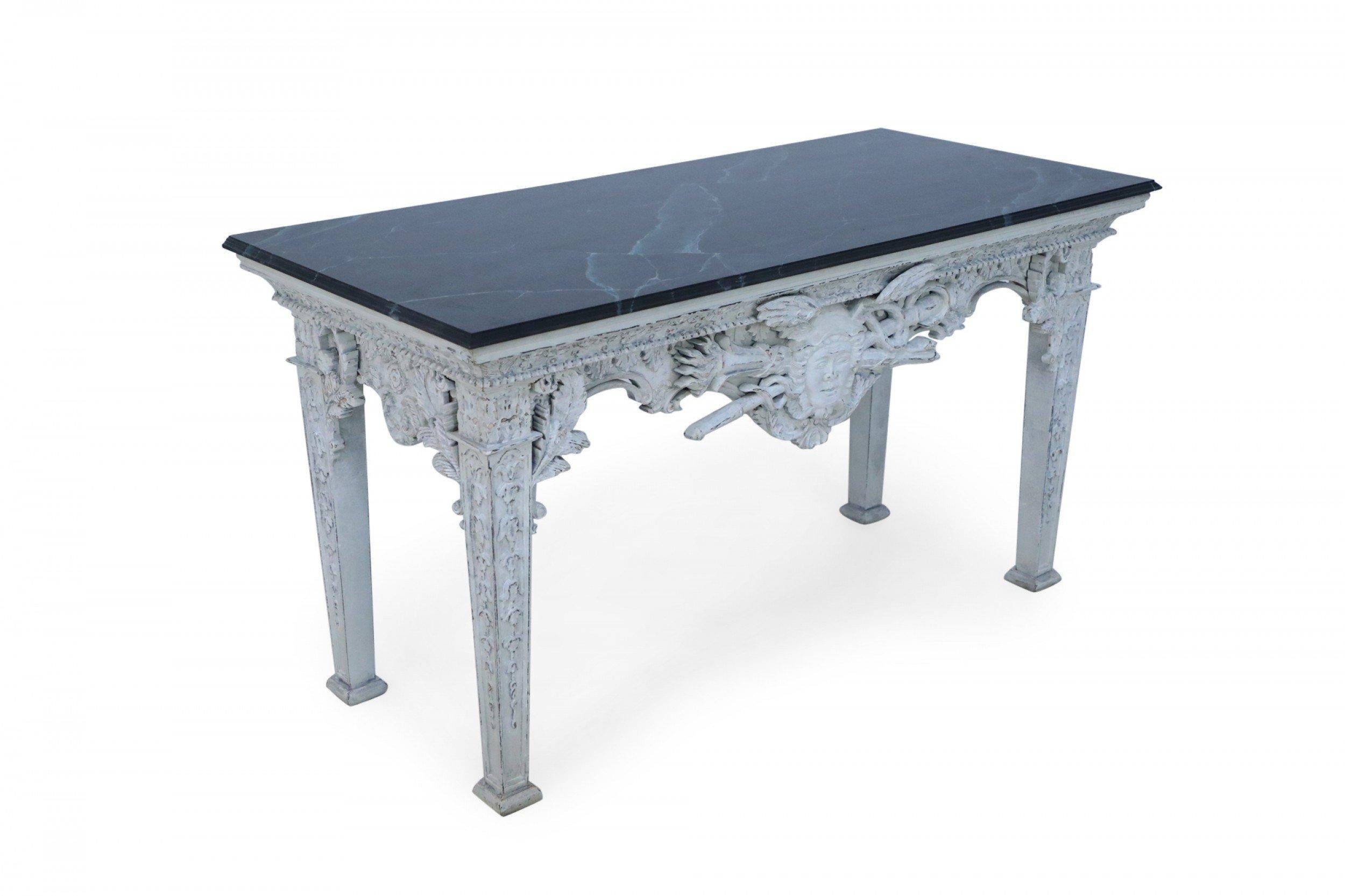 Neo-Classic Style White Distressed Wood and Green Faux Marble Topped Console Tab For Sale 2