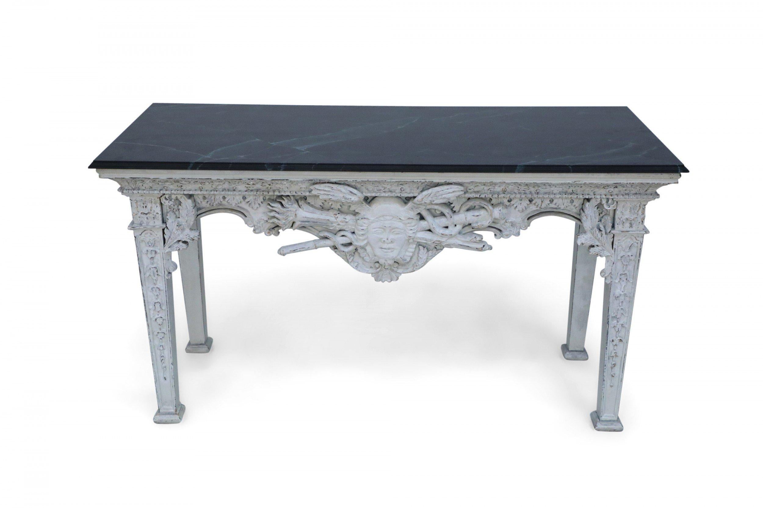 Neo-Classic Style White Distressed Wood and Green Faux Marble Topped Console Tab For Sale 3