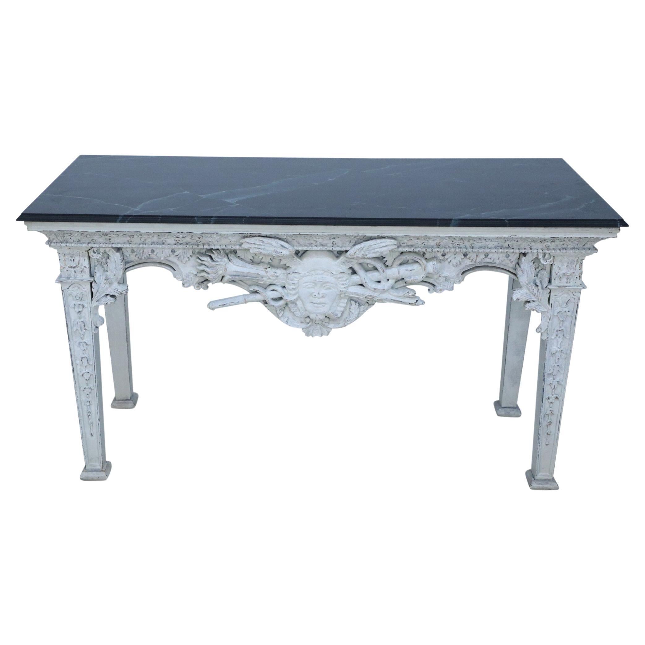 Neo-Classic Style White Distressed Wood and Green Faux Marble Topped Console Tab For Sale