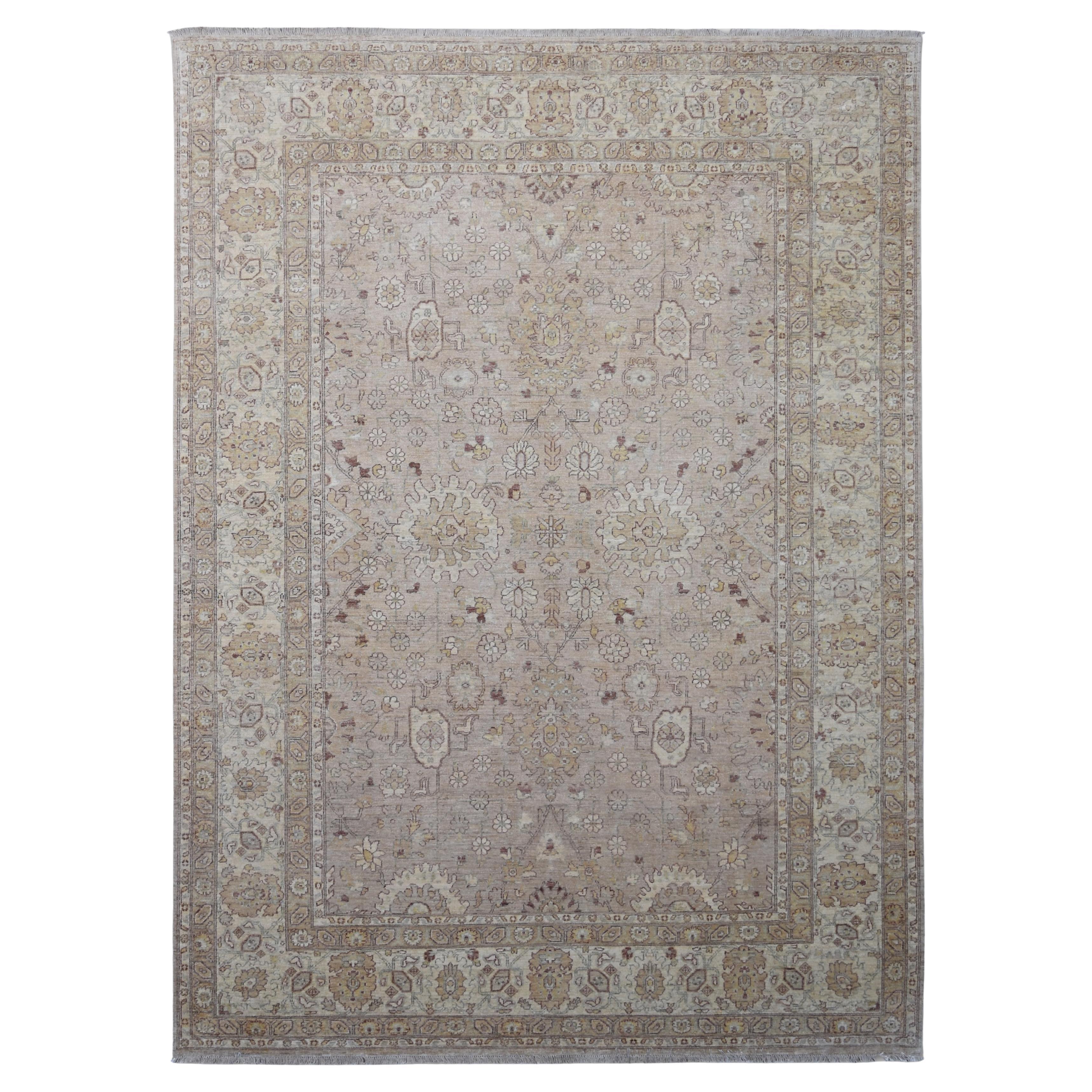 Neo-Classical  8′9″ × 11′10″ Oushak Pattern Wool Rug in Beige and Brown