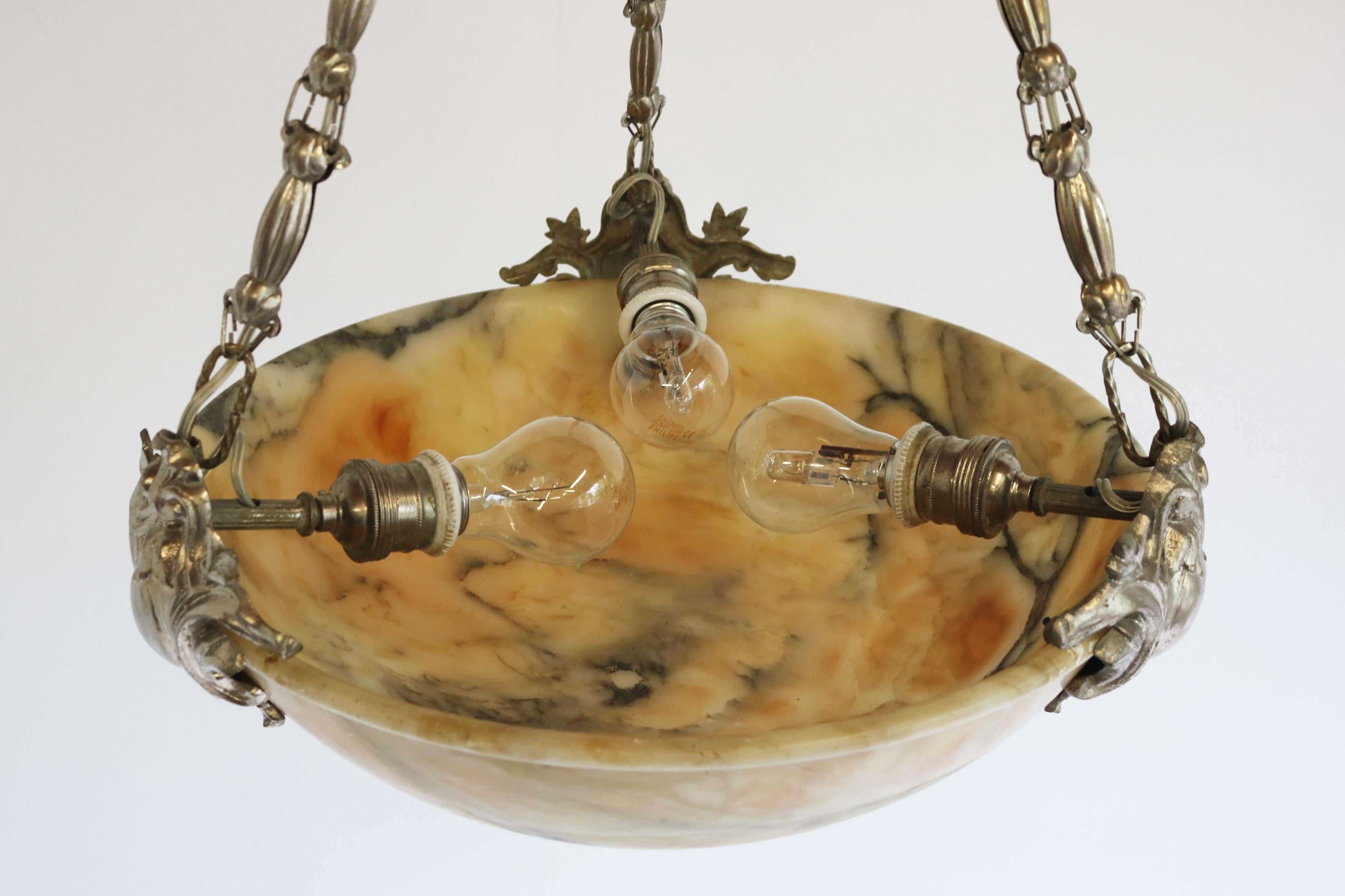 Neo Classical Alabaster Pendant / Chandelier Silver Bronze Renaissance Revival For Sale 4