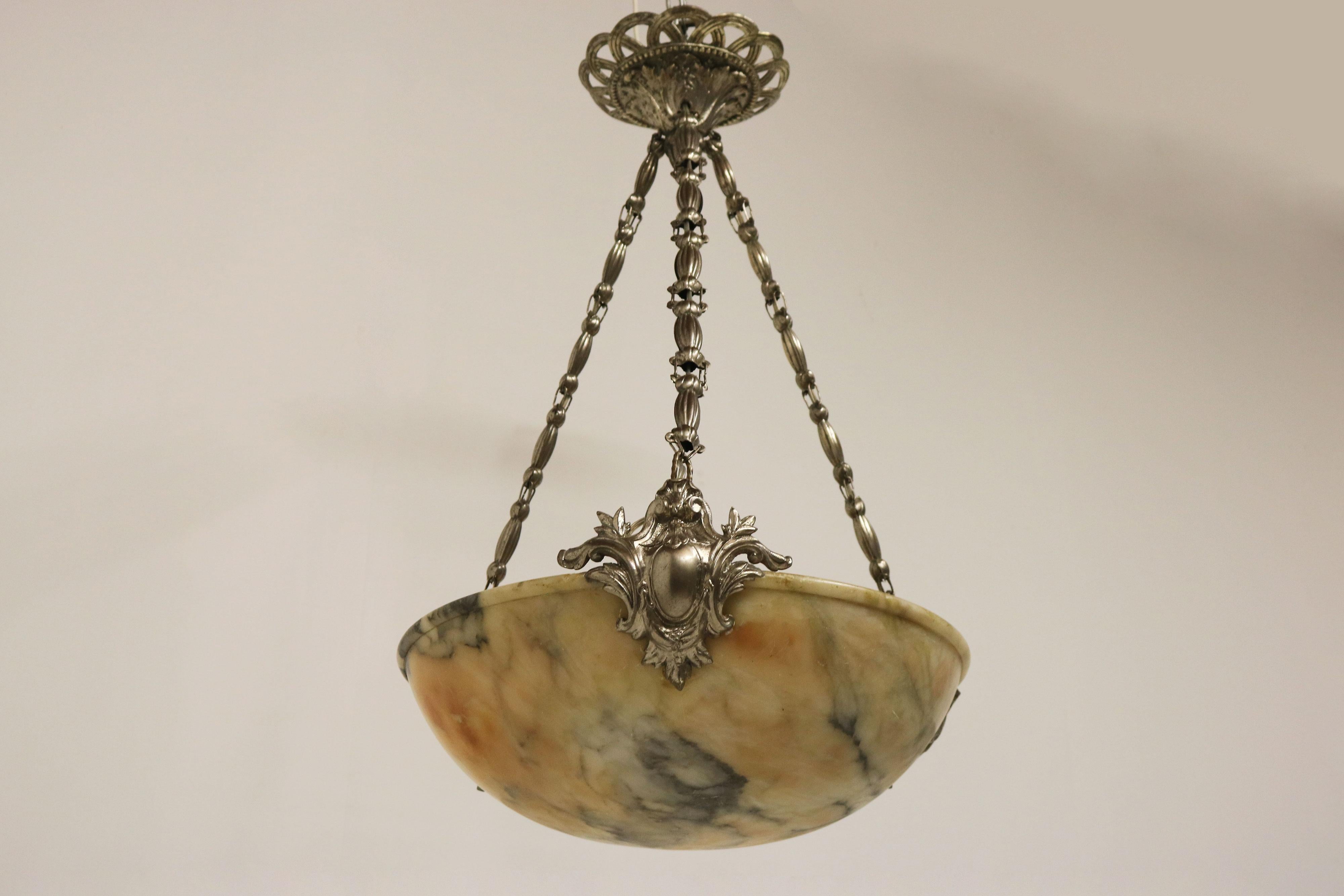 Neo Classical Alabaster Pendant / Chandelier Silver Bronze Renaissance Revival For Sale 8