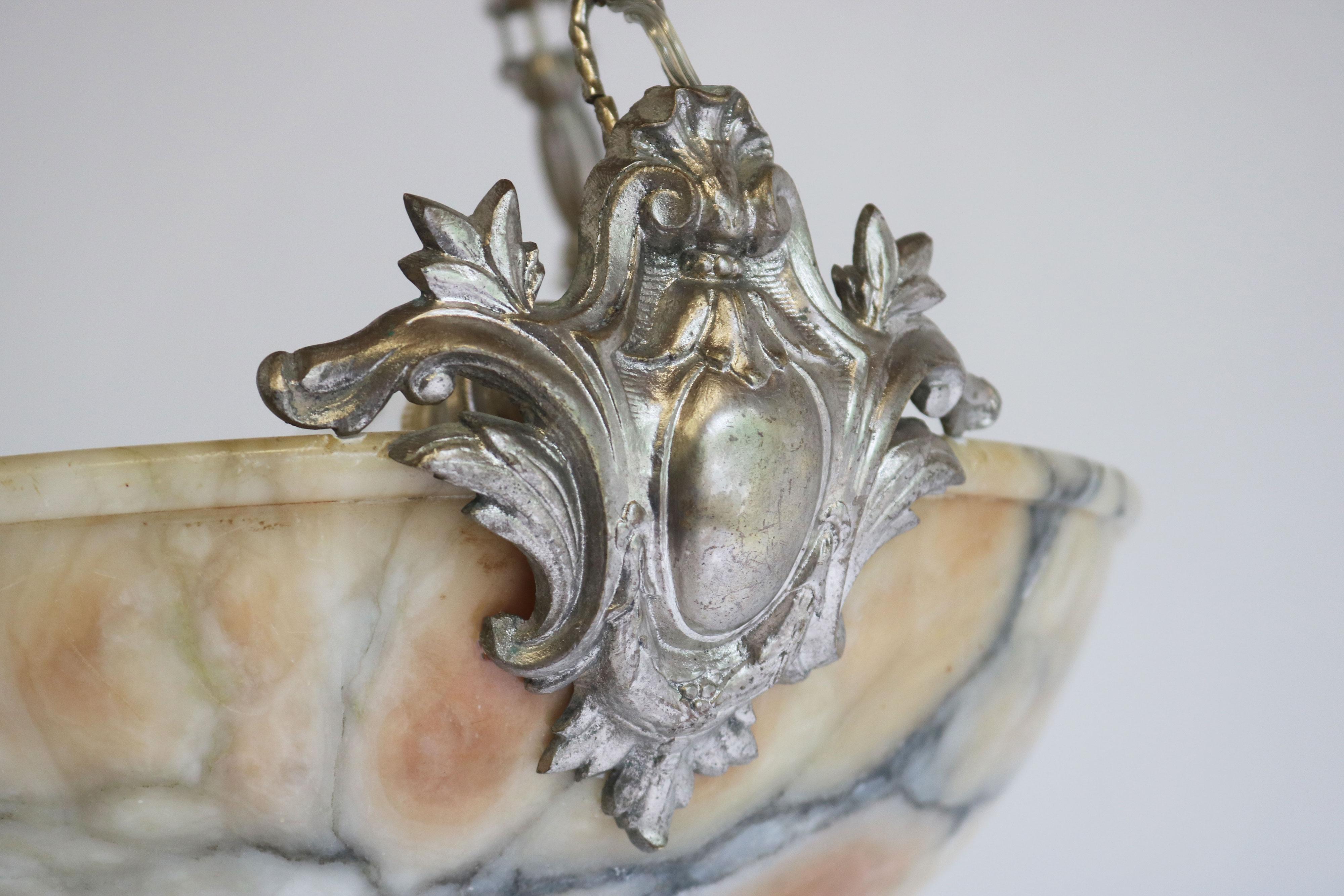 Neo Classical Alabaster Pendant / Chandelier Silver Bronze Renaissance Revival For Sale 1