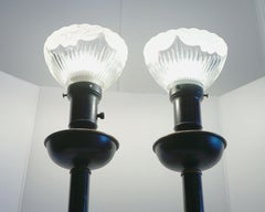 Neo classical Assembled Trio of Ebonized Table Lamps with Glass Shades