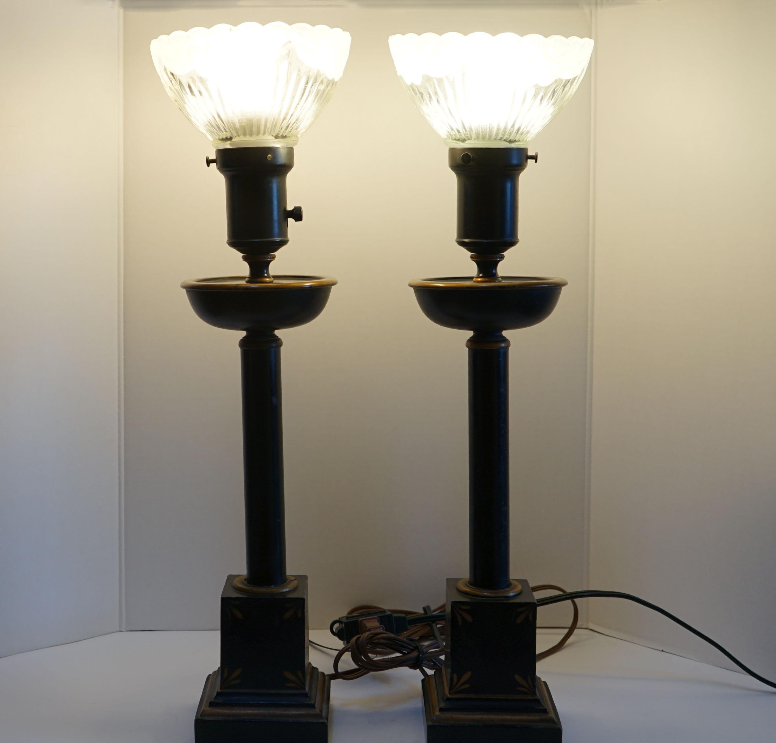 American Neo classical Assembled Trio of Ebonized Table Lamps with Glass Shades For Sale