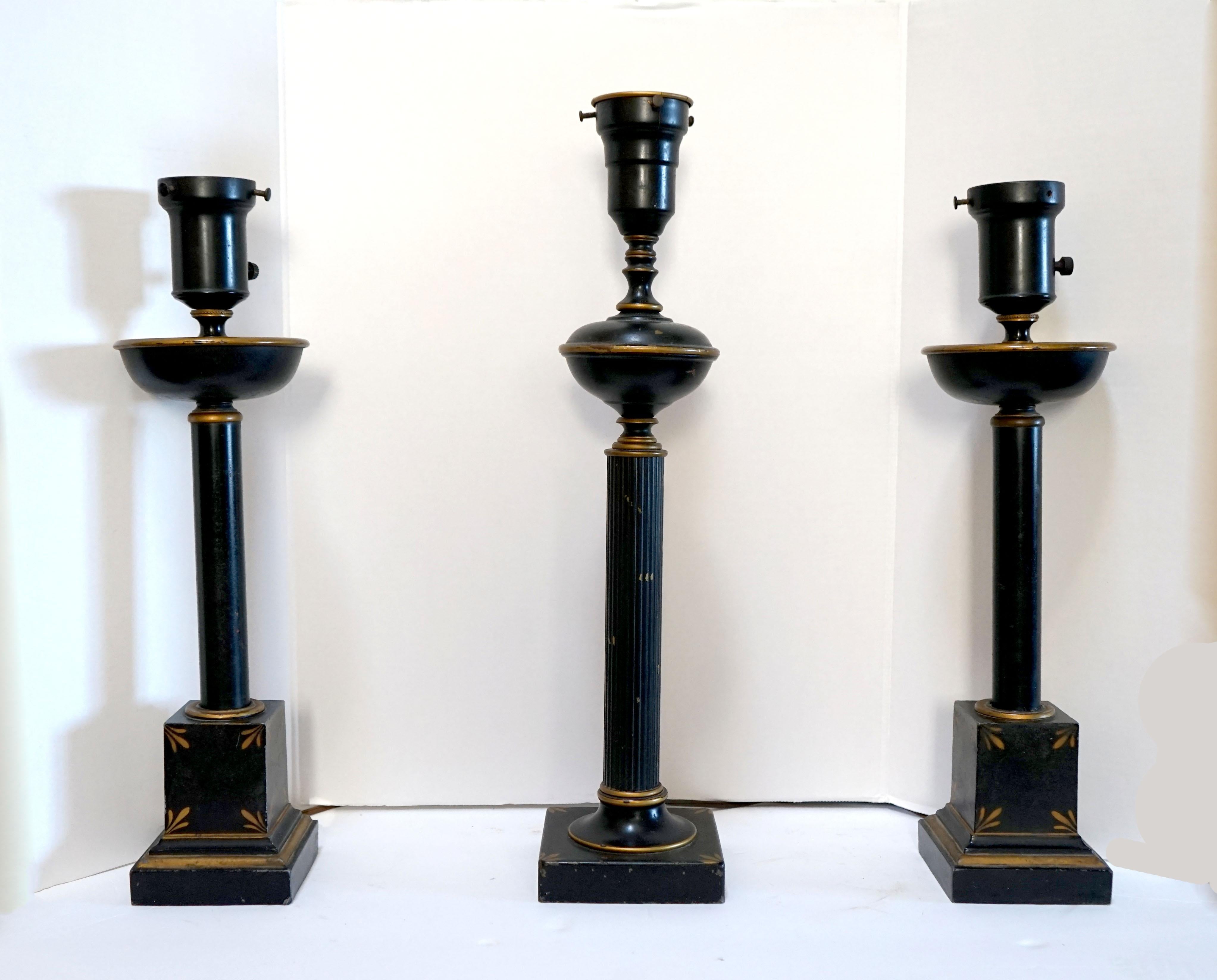 Neo classical Assembled Trio of Ebonized Table Lamps with Glass Shades For Sale 2