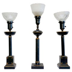 Antique Neo classical Assembled Trio of Ebonized Table Lamps with Glass Shades