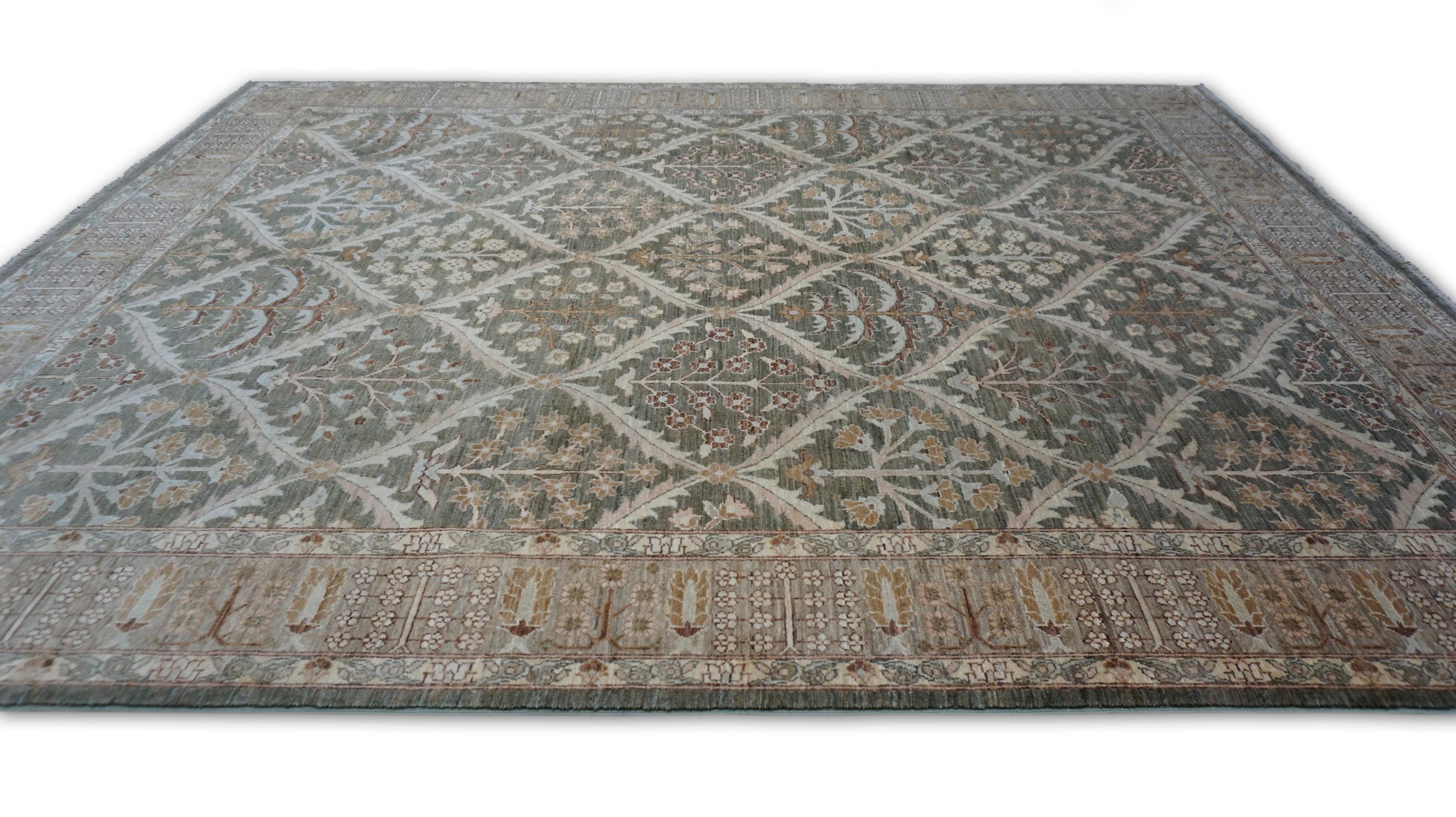 Neoclassical Neo-Classical Beige and Olive Botanical Lattice Tree-of-Life Rug  7'4''x9'5'' For Sale