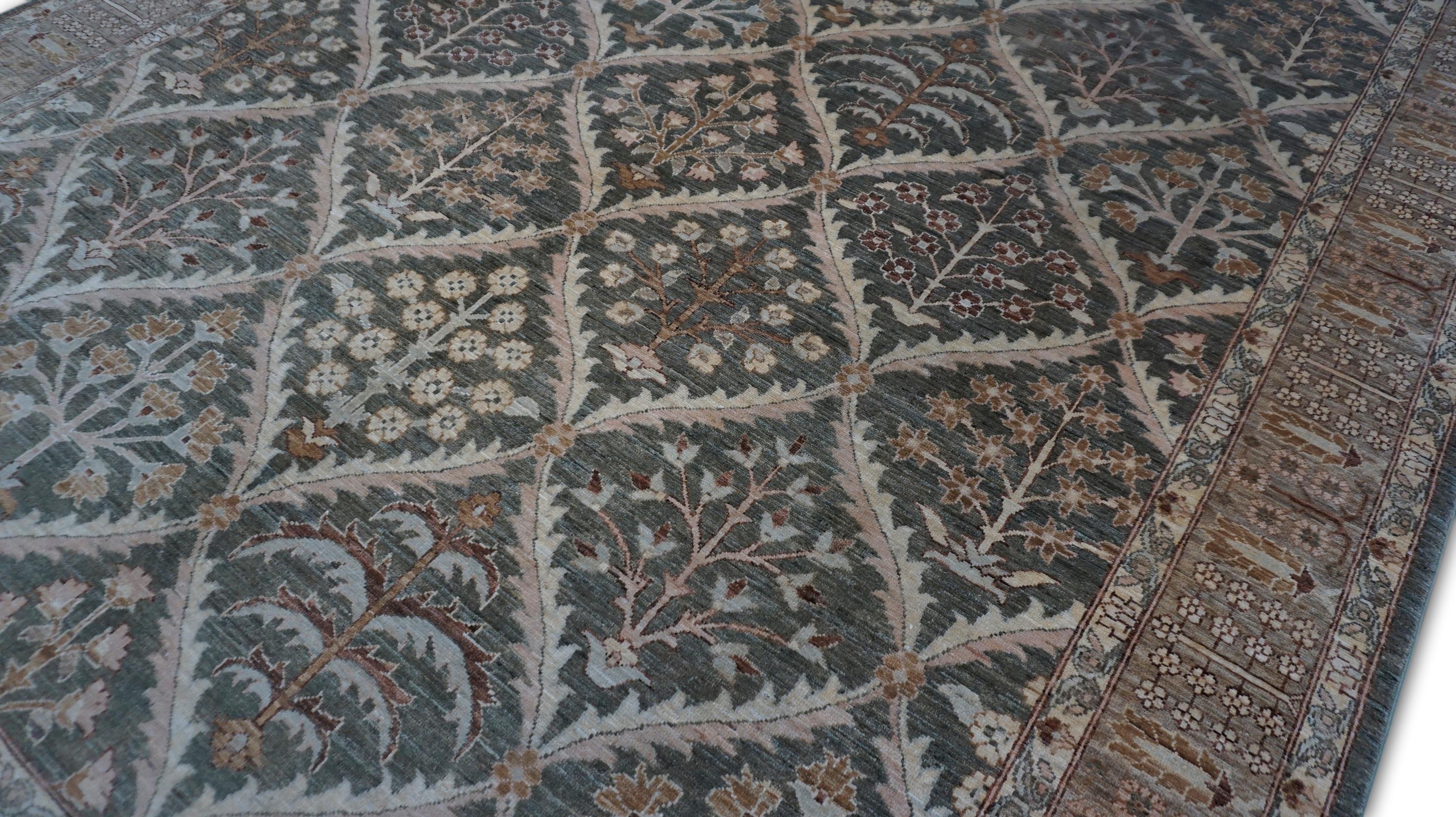 Pakistani Neo-Classical Beige and Olive Botanical Lattice Tree-of-Life Rug  7'4''x9'5'' For Sale