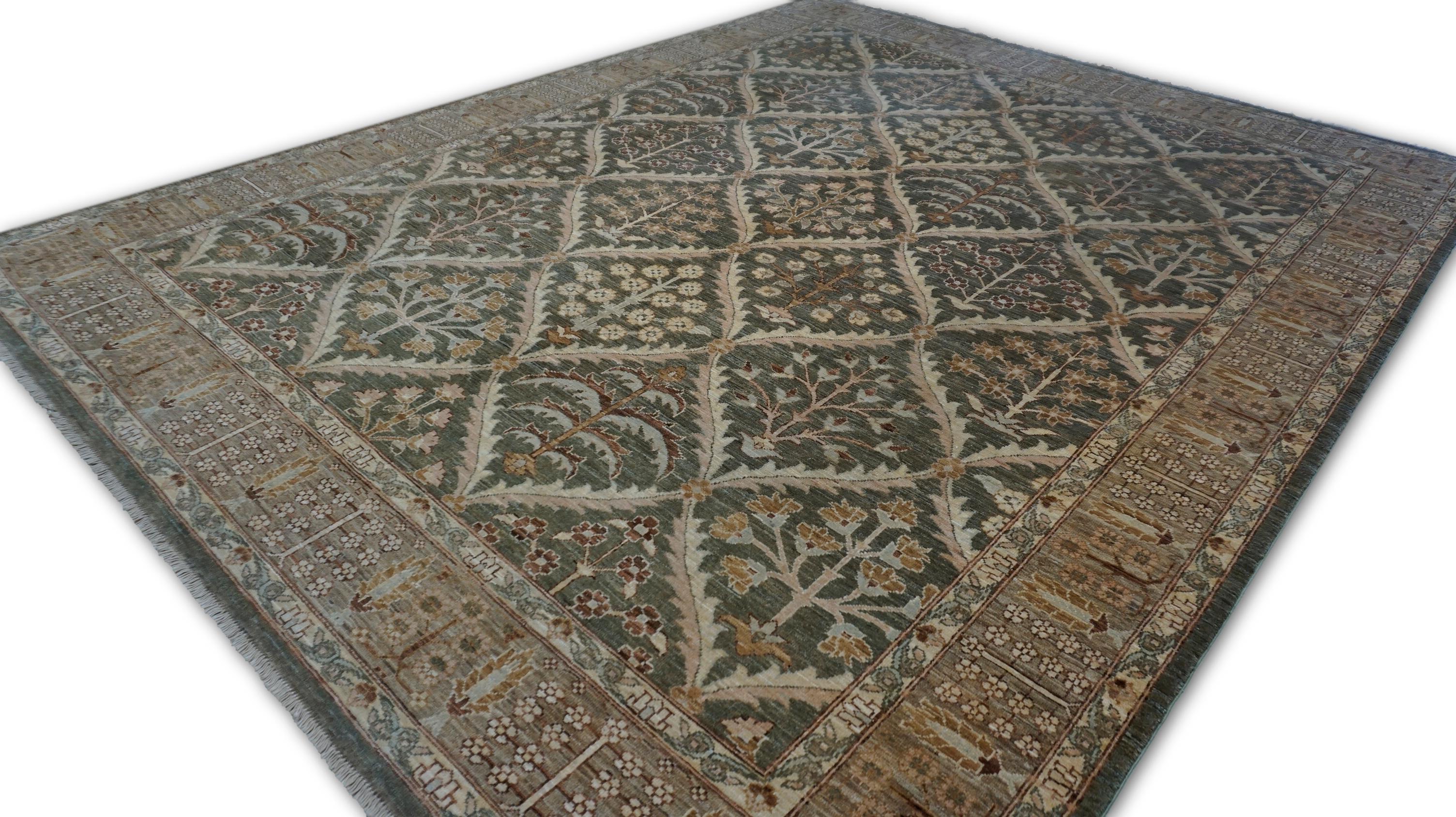 Hand-Knotted Neo-Classical Beige and Olive Botanical Lattice Tree-of-Life Rug  7'4''x9'5'' For Sale