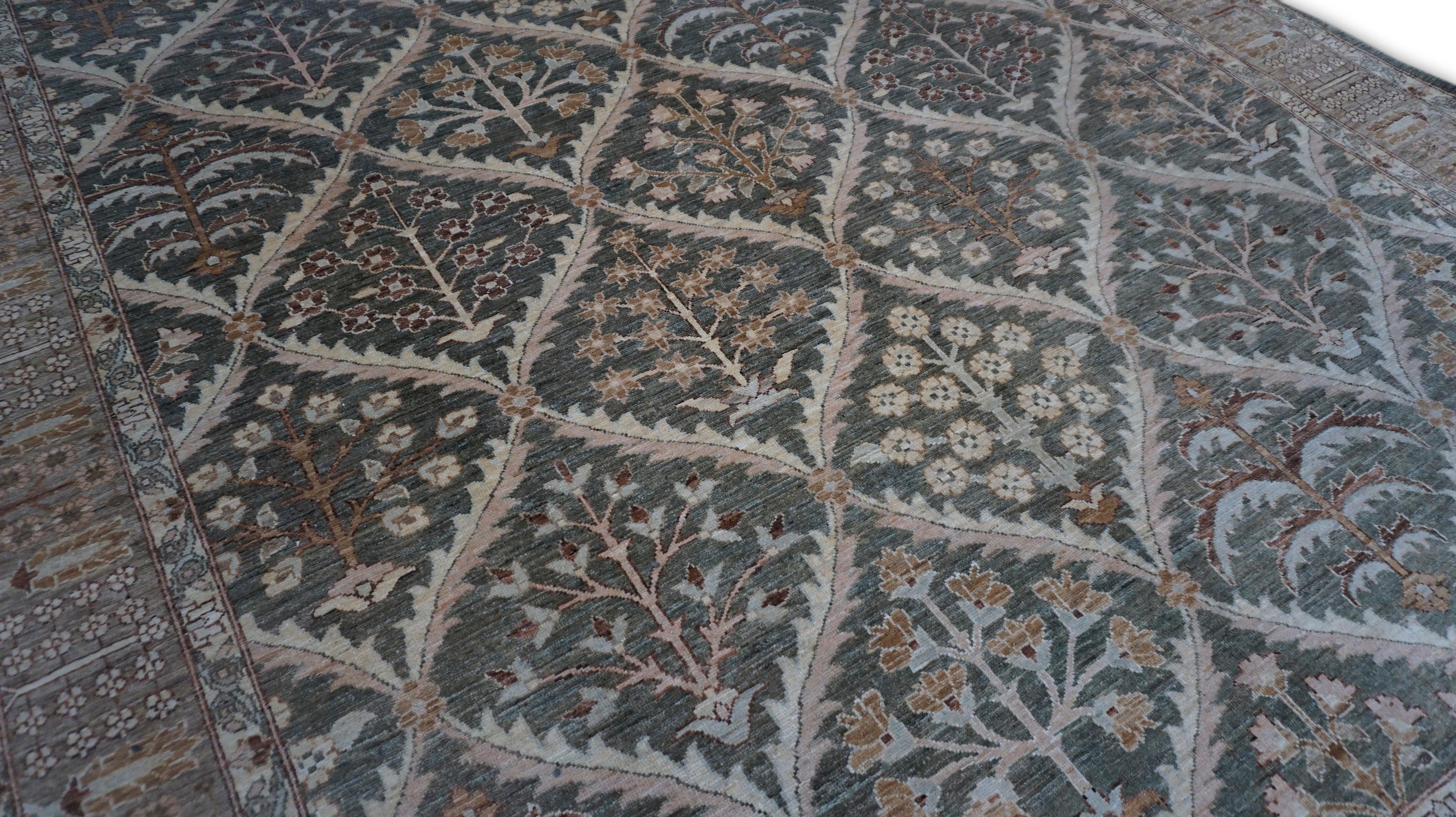 Contemporary Neo-Classical Beige and Olive Botanical Lattice Tree-of-Life Rug  7'4''x9'5'' For Sale