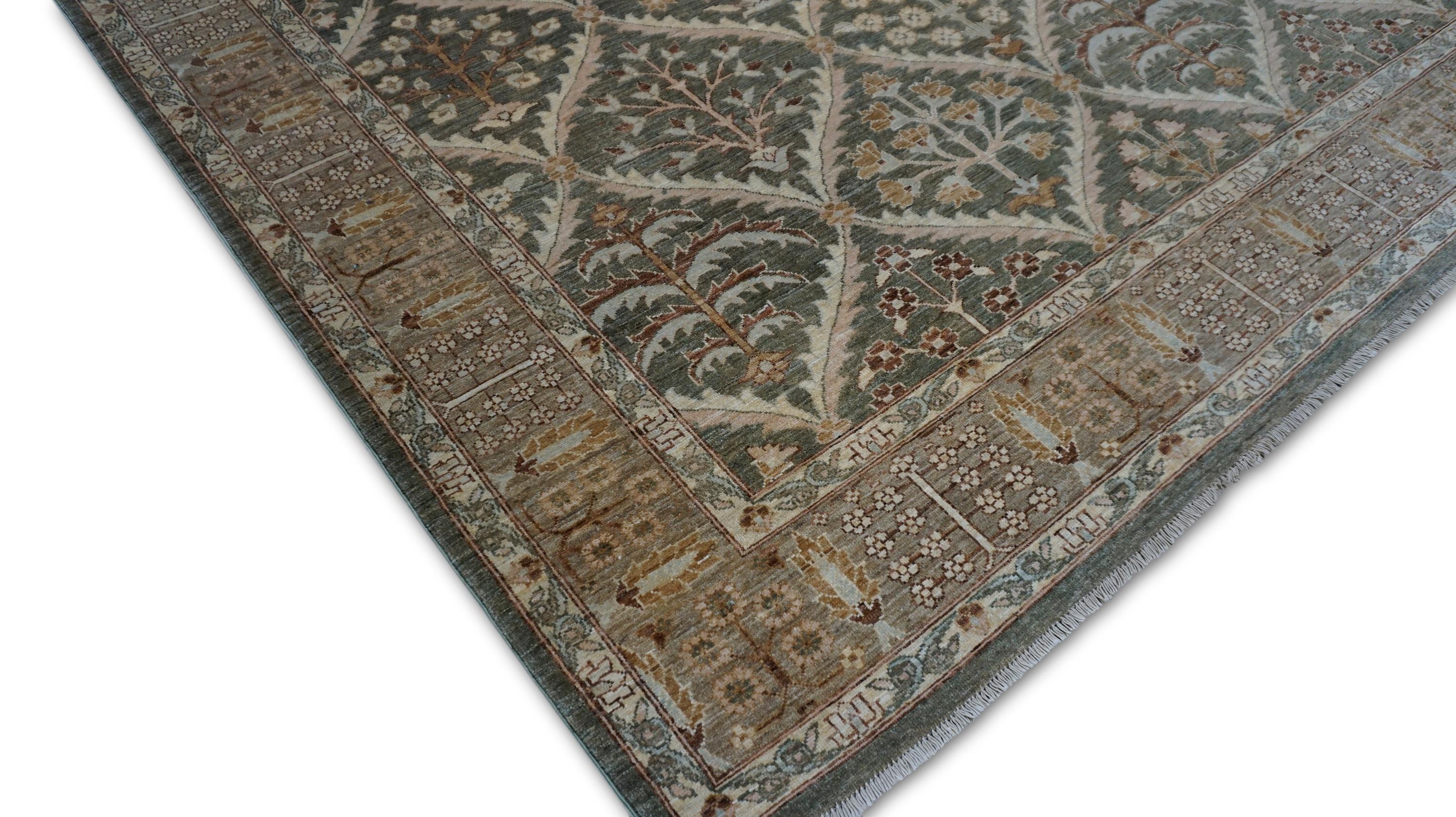 Wool Neo-Classical Beige and Olive Botanical Lattice Tree-of-Life Rug  7'4''x9'5'' For Sale