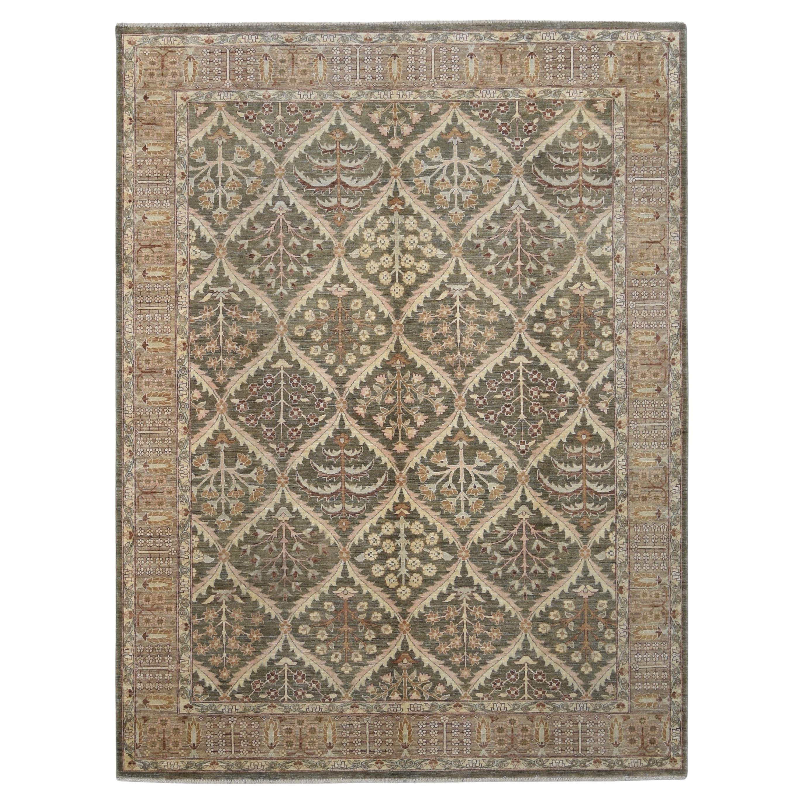 Neo-Classical Beige and Olive Botanical Lattice Tree-of-Life Rug  7'4''x9'5'' For Sale