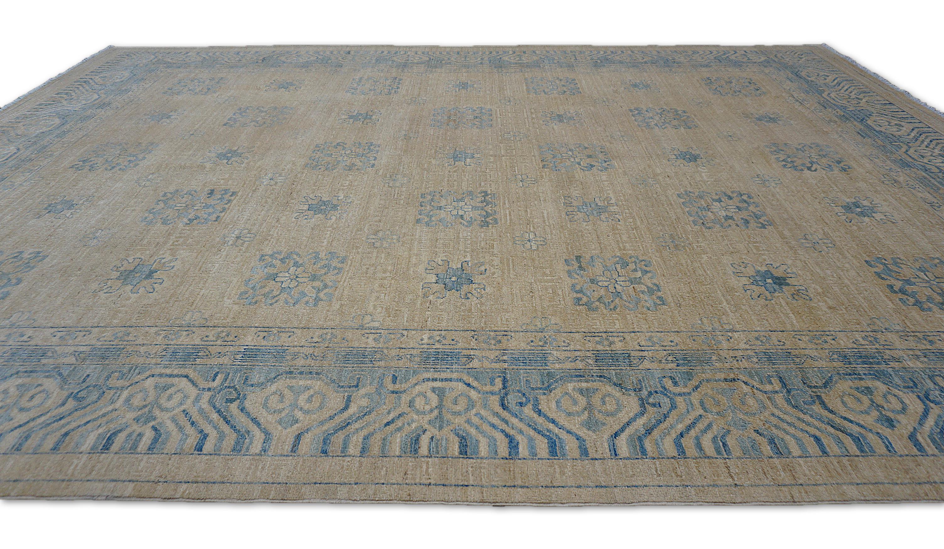Neoclassical Neo-Classical Beige and Sky Blue Geometric Designed Rug 9'x12' For Sale