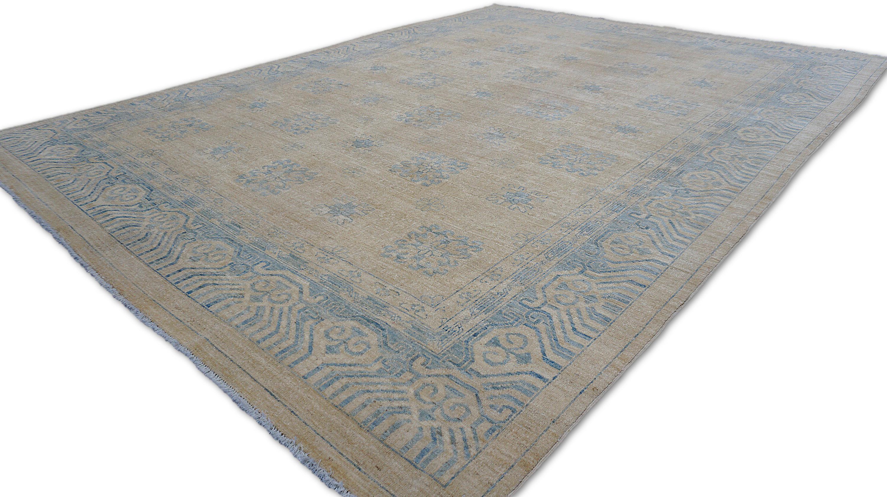 Hand-Knotted Neo-Classical Beige and Sky Blue Geometric Designed Rug 9'x12' For Sale