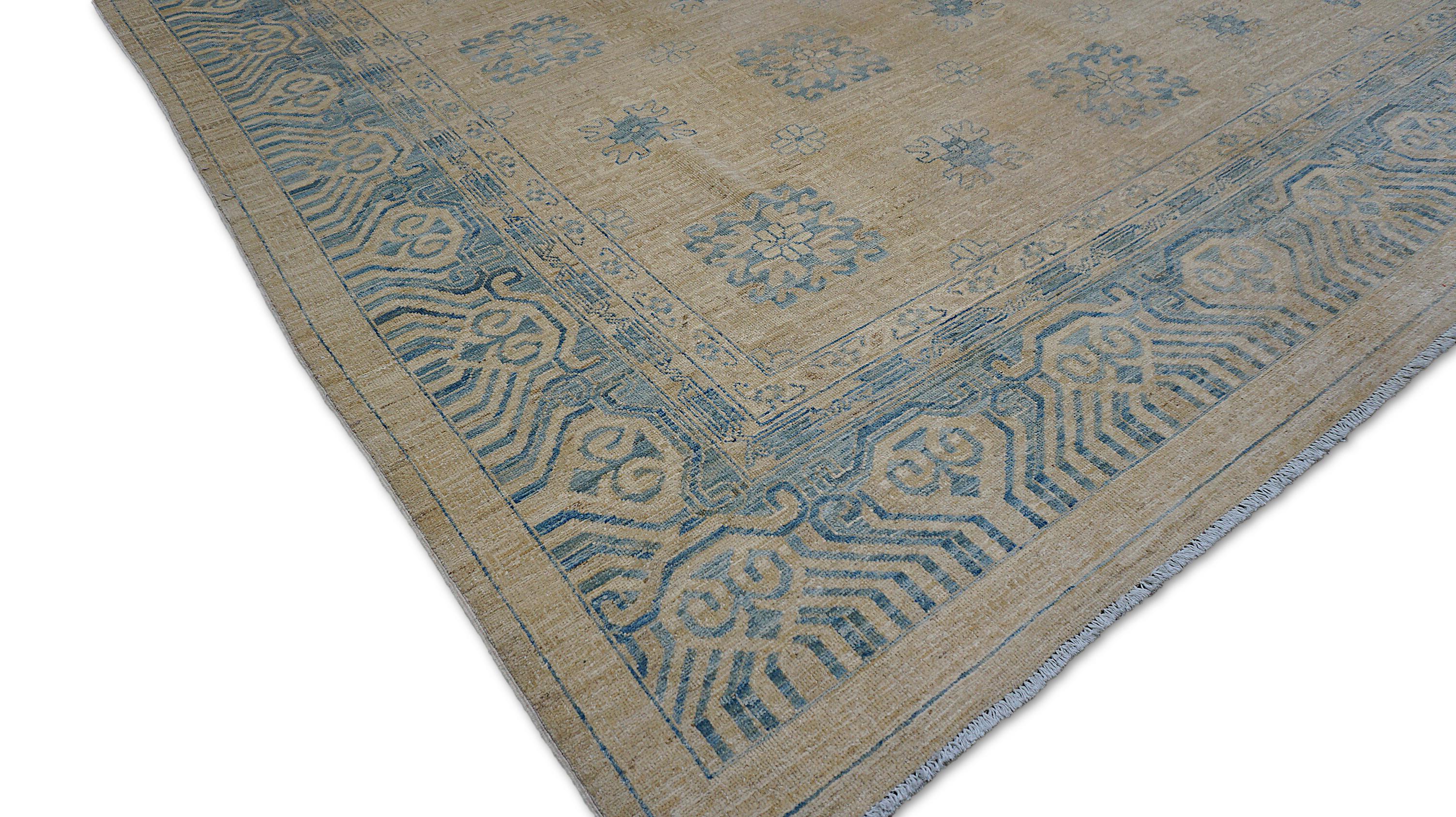 Contemporary Neo-Classical Beige and Sky Blue Geometric Designed Rug 9'x12' For Sale